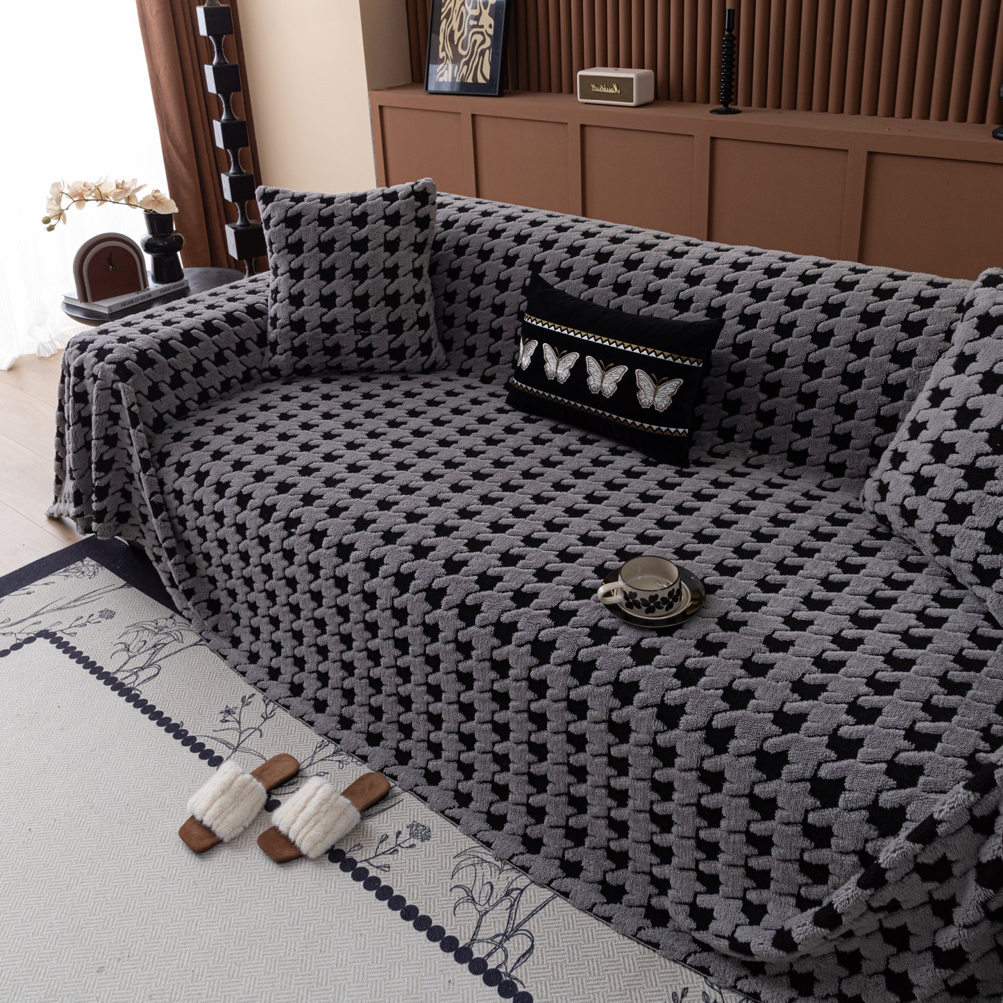 Jacquard Fleece Houndstooth Warm Cozy Couch Cover Blanket Decorative Throws for Sofas