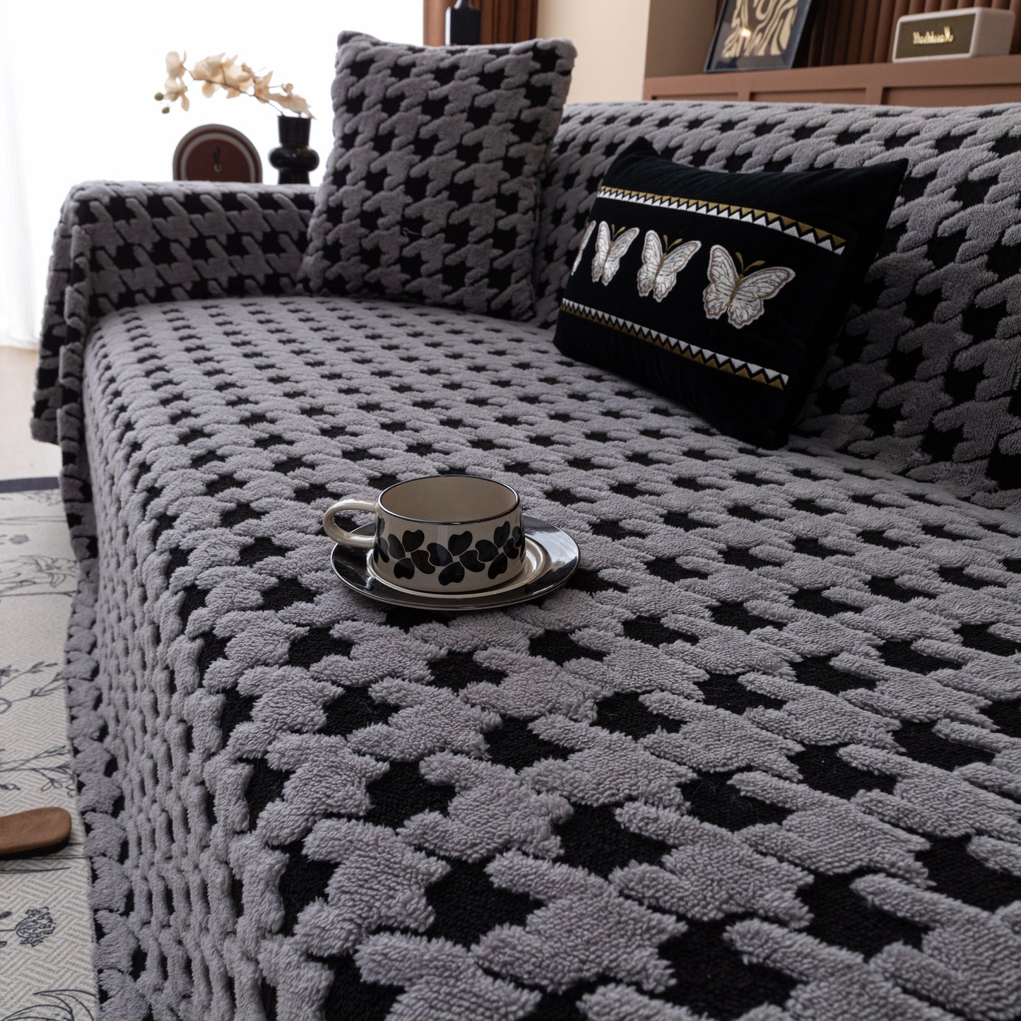 Jacquard Fleece Houndstooth Warm Cozy Couch Cover Blanket Decorative Throws for Sofas