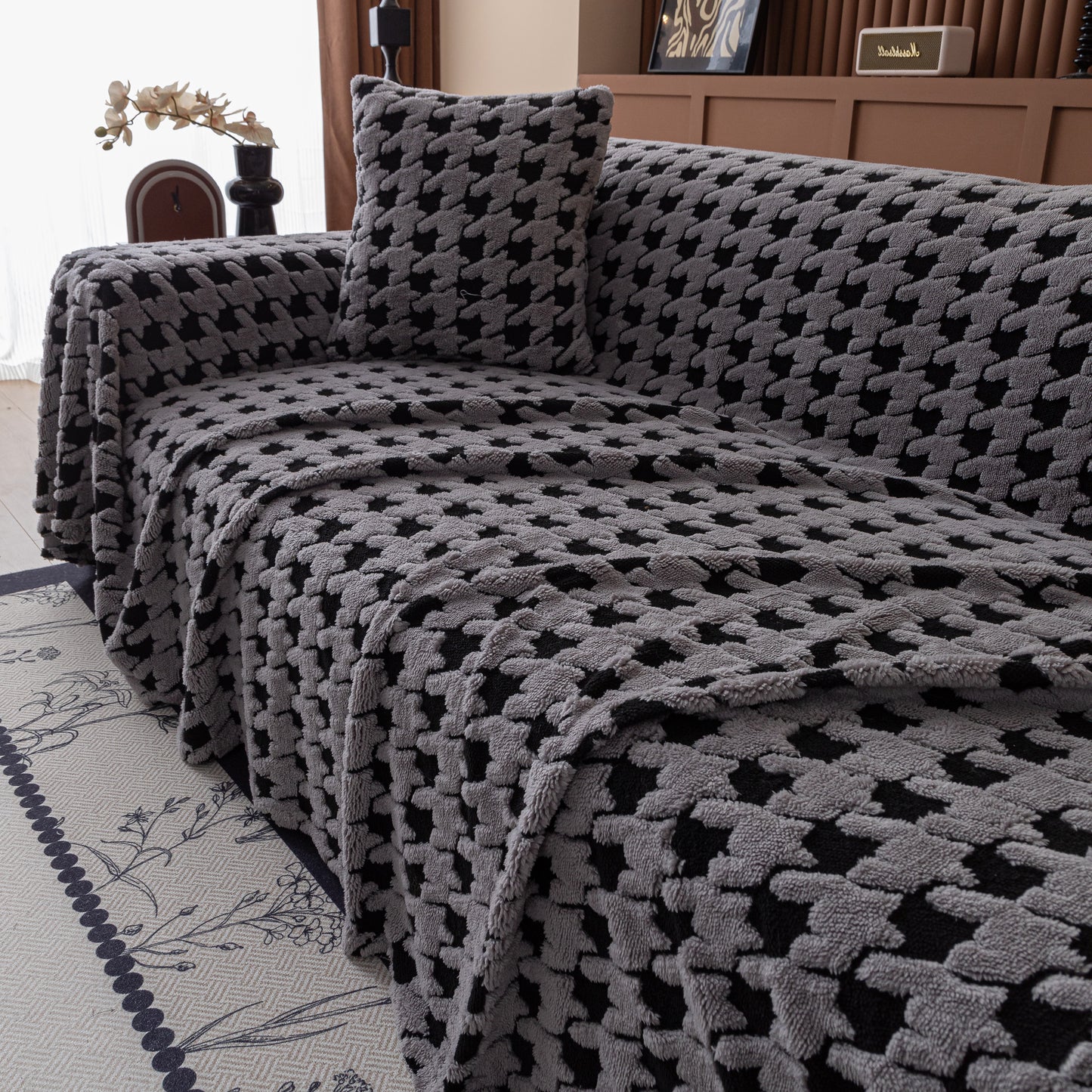 Jacquard Fleece Houndstooth Warm Cozy Couch Cover Blanket Decorative Throws for Sofas