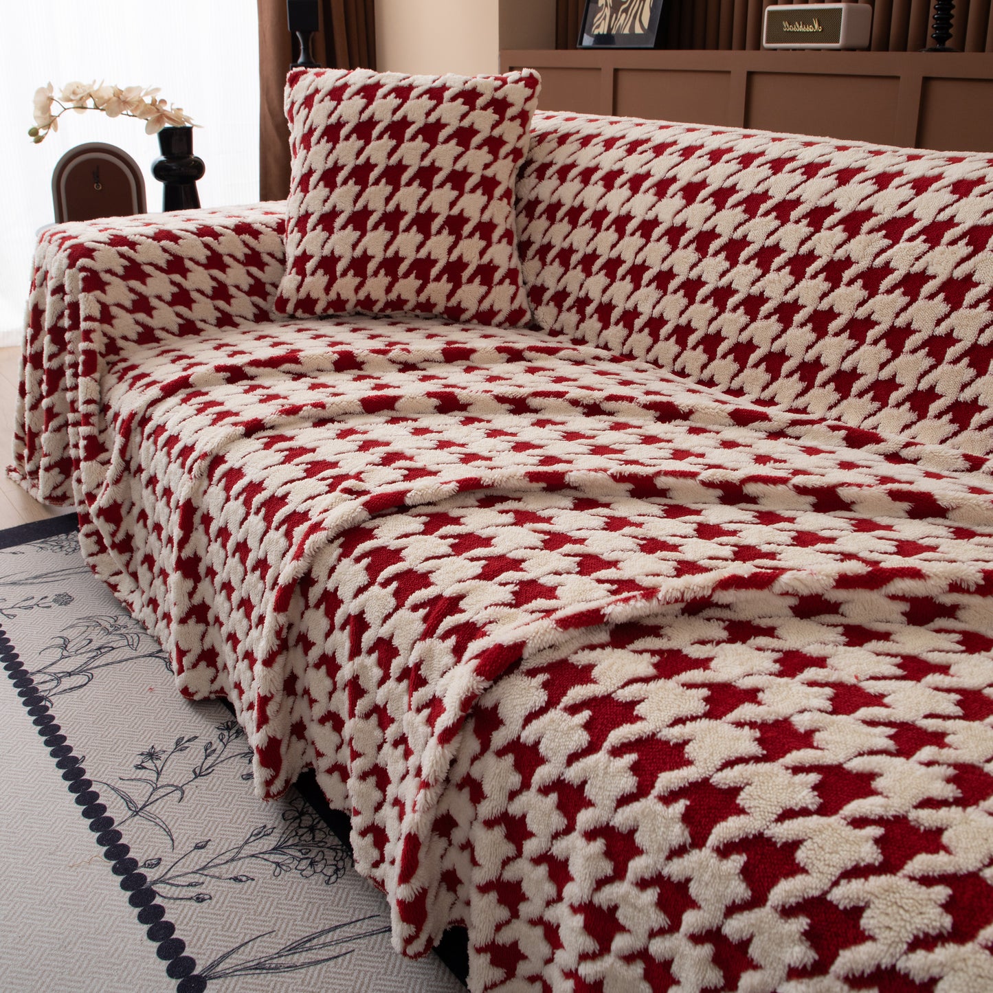 Jacquard Fleece Houndstooth Warm Cozy Couch Cover Blanket Decorative Throws for Sofas