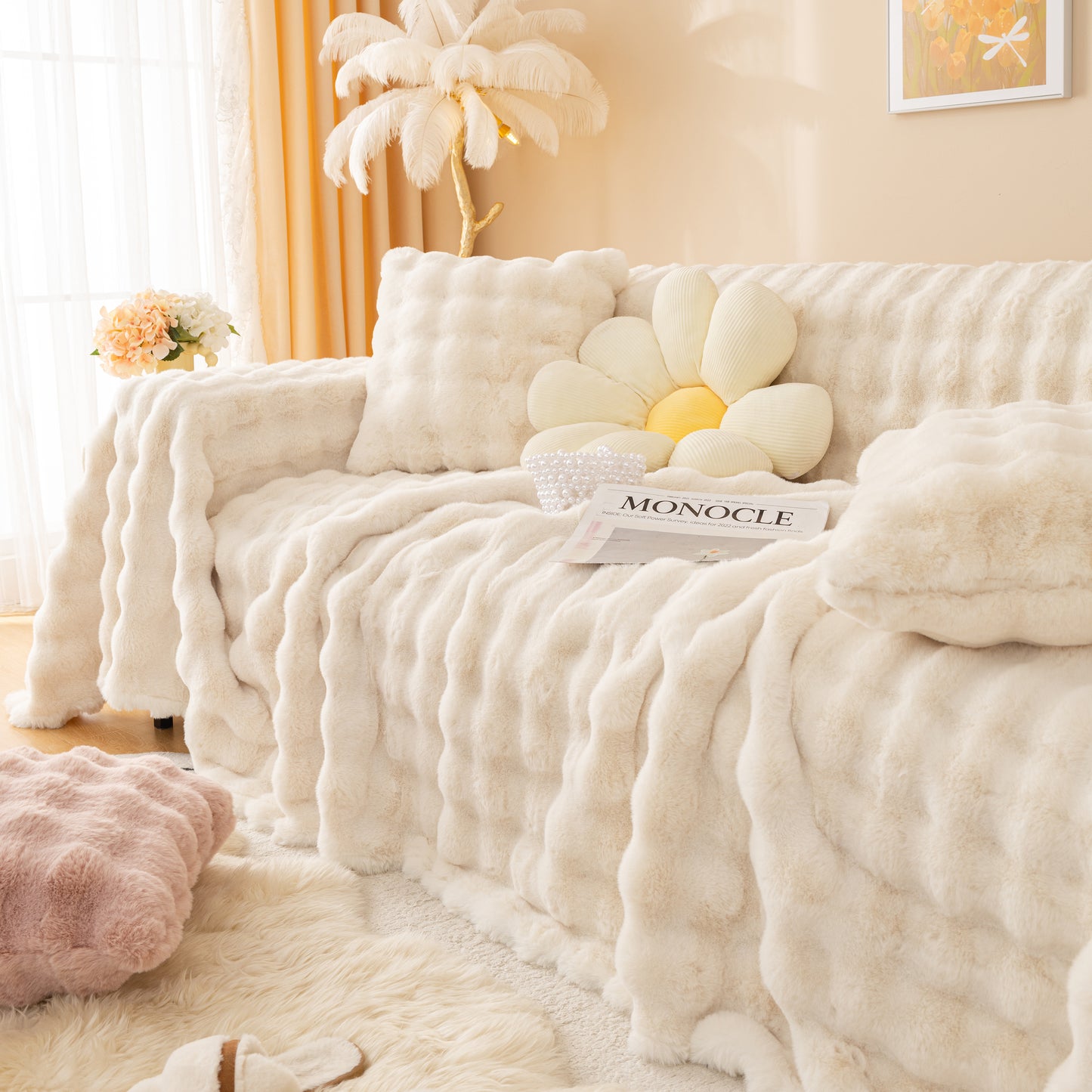 Super Soft Fluffy Faux Rabbit Fur Sofa Throw Blanket, Couch Cover Blanket for Couches Living Room Furniture Throw