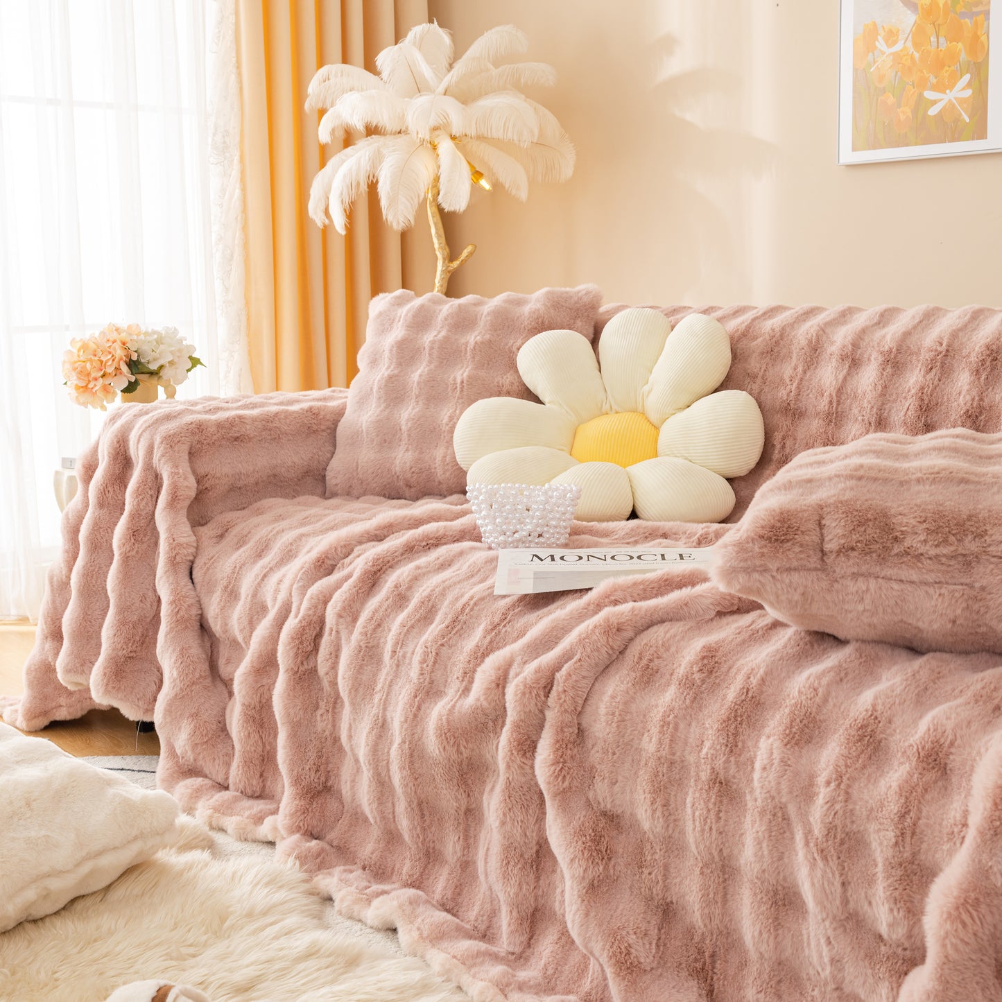 Super Soft Fluffy Faux Rabbit Fur Sofa Throw Blanket, Couch Cover Blanket for Couches Living Room Furniture Throw