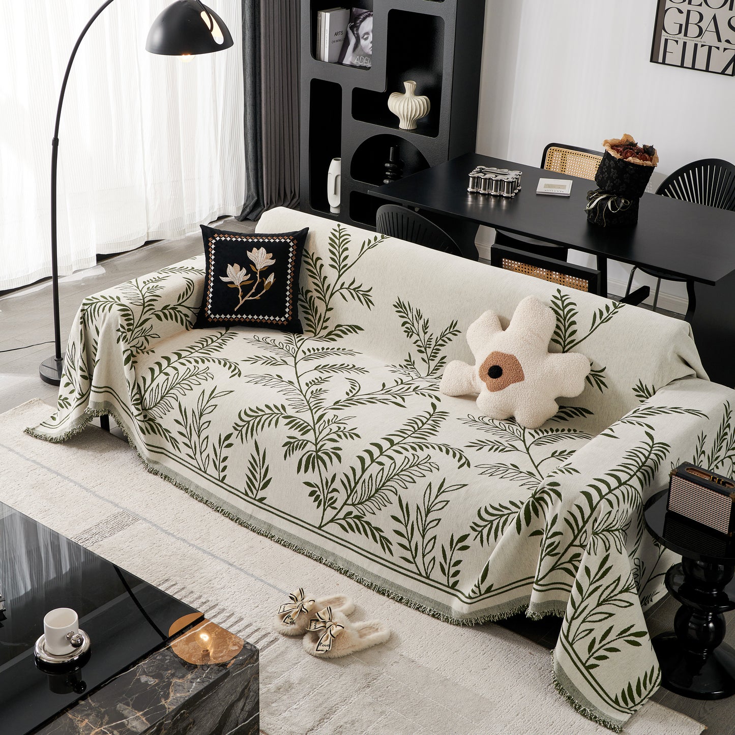 Modern Minimalist Chenille Willow Leaf Pattern Couch Cover Blanket, Luxurious Blankets for The Sofa