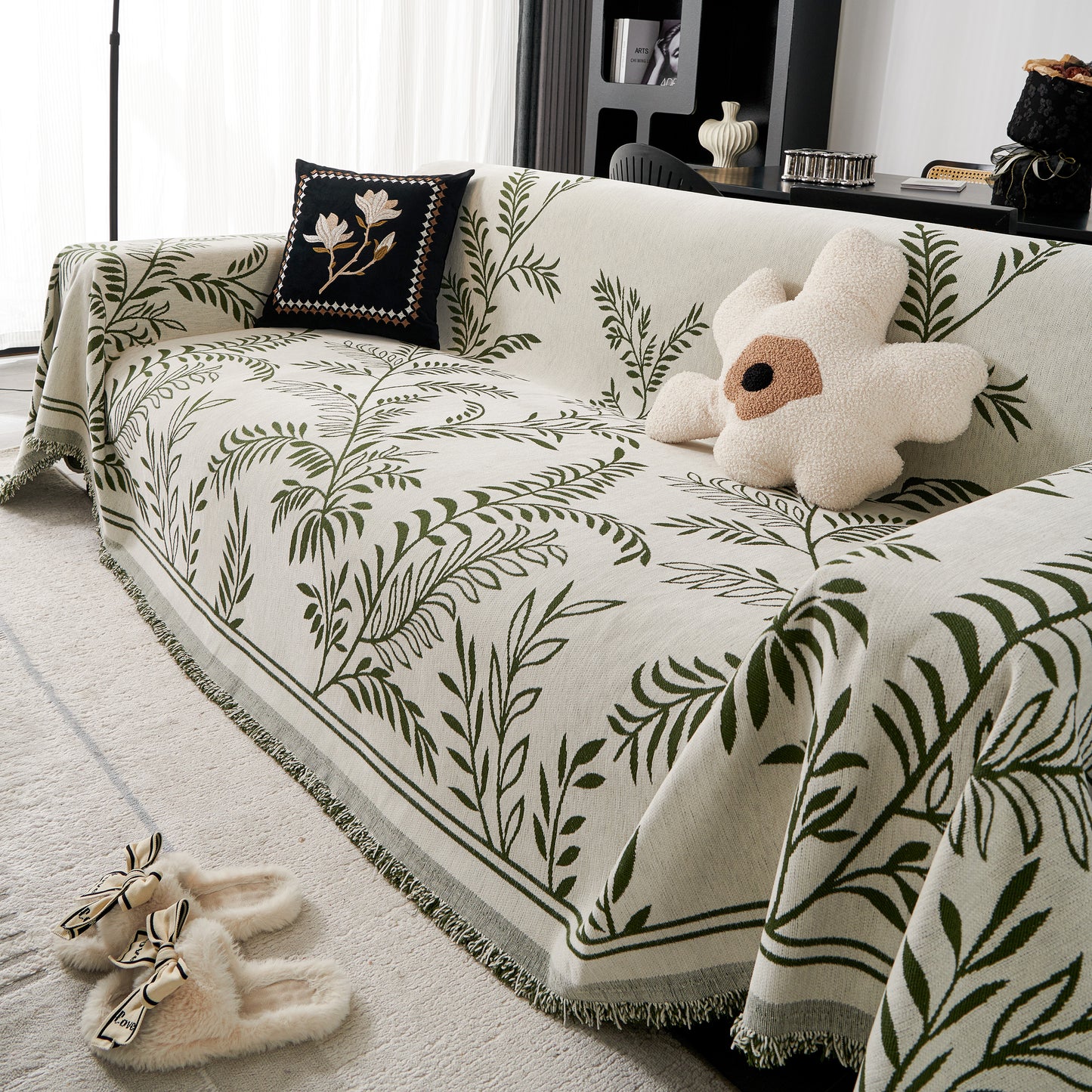 Modern Minimalist Chenille Willow Leaf Pattern Couch Cover Blanket, Luxurious Blankets for The Sofa