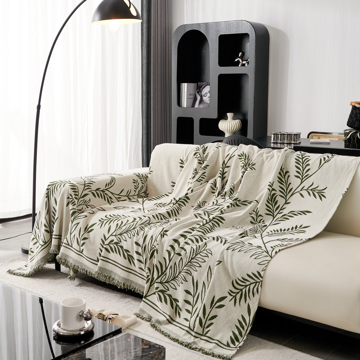 Modern Minimalist Chenille Willow Leaf Pattern Couch Cover Blanket, Luxurious Blankets for The Sofa