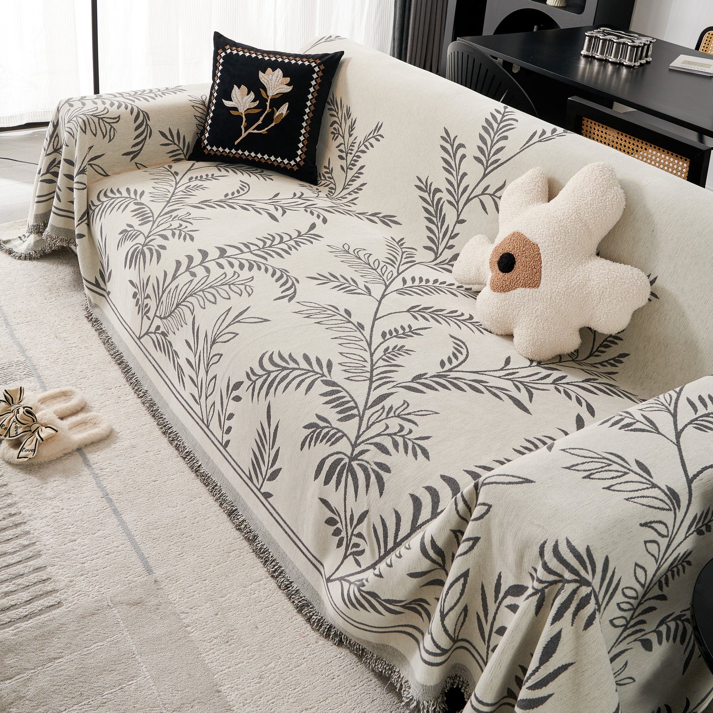 Modern Minimalist Chenille Willow Leaf Pattern Couch Cover Blanket, Luxurious Blankets for The Sofa