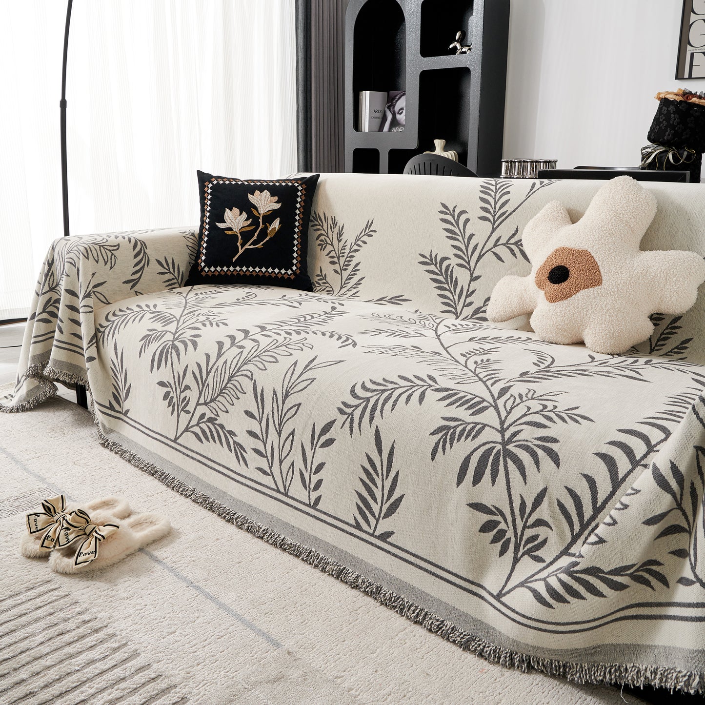 Modern Minimalist Chenille Willow Leaf Pattern Couch Cover Blanket, Luxurious Blankets for The Sofa