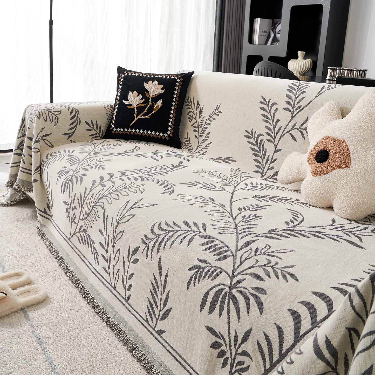 Modern Minimalist Chenille Willow Leaf Pattern Couch Cover Blanket, Luxurious Blankets for The Sofa