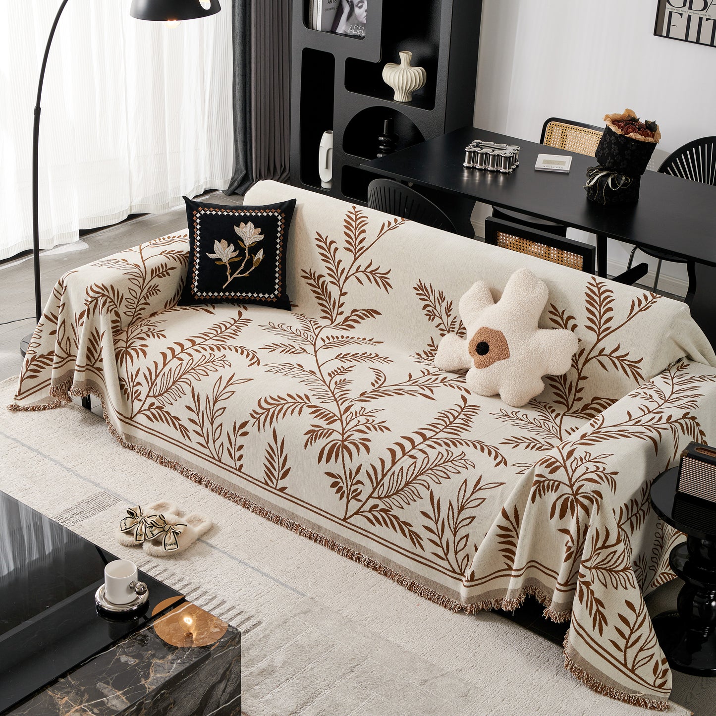 Modern Minimalist Chenille Willow Leaf Pattern Couch Cover Blanket, Luxurious Blankets for The Sofa