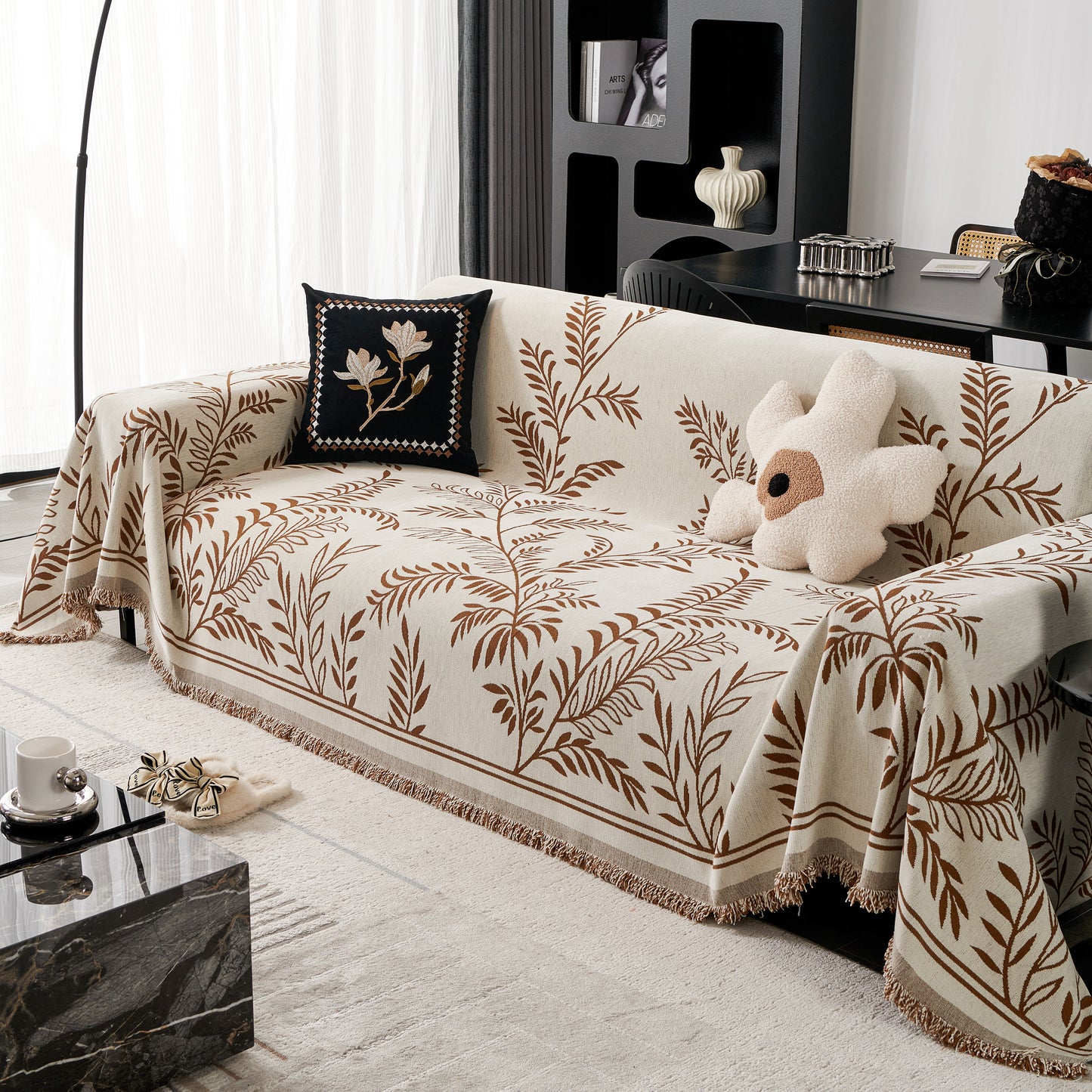 Modern Minimalist Chenille Willow Leaf Pattern Couch Cover Blanket, Luxurious Blankets for The Sofa