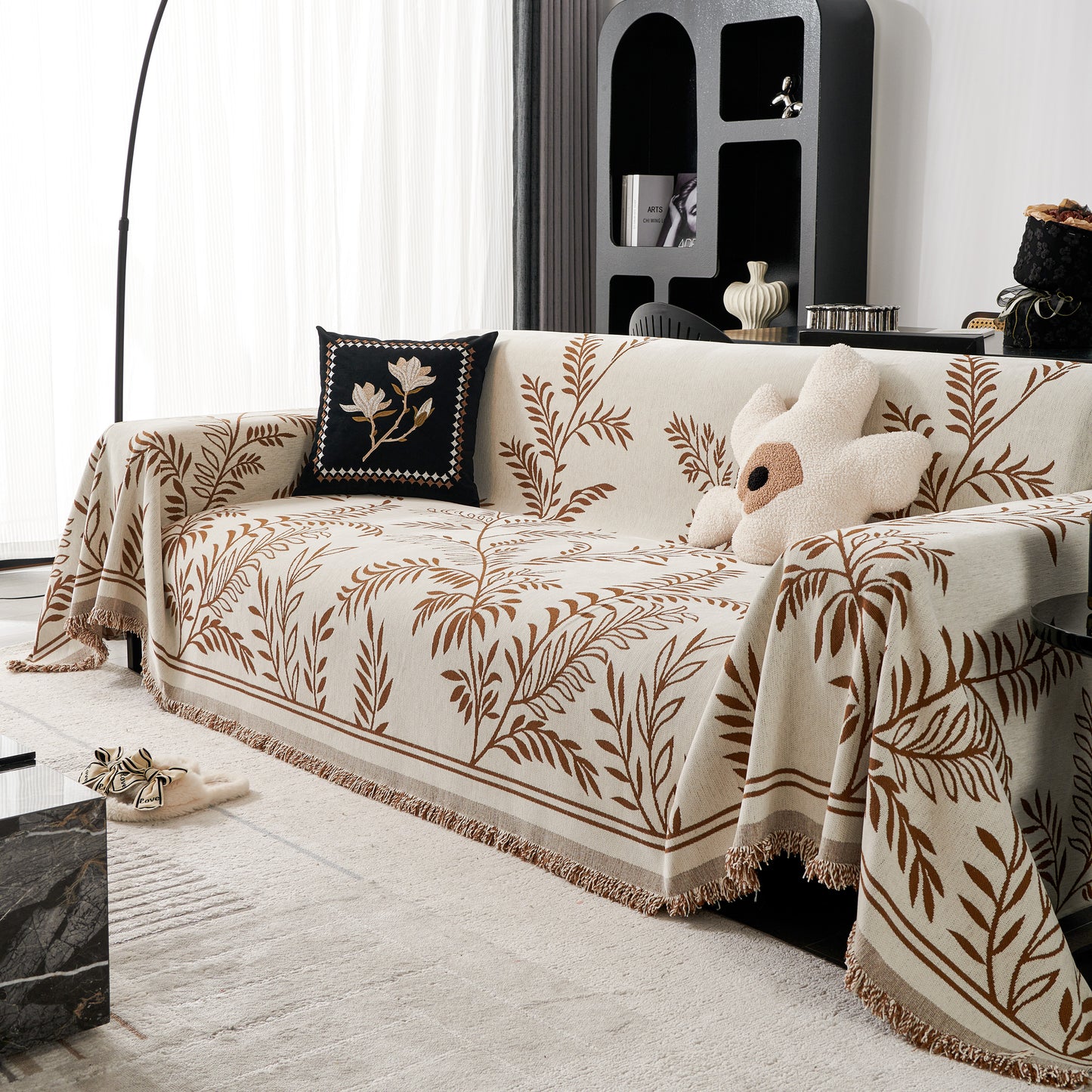 Modern Minimalist Chenille Willow Leaf Pattern Couch Cover Blanket, Luxurious Blankets for The Sofa