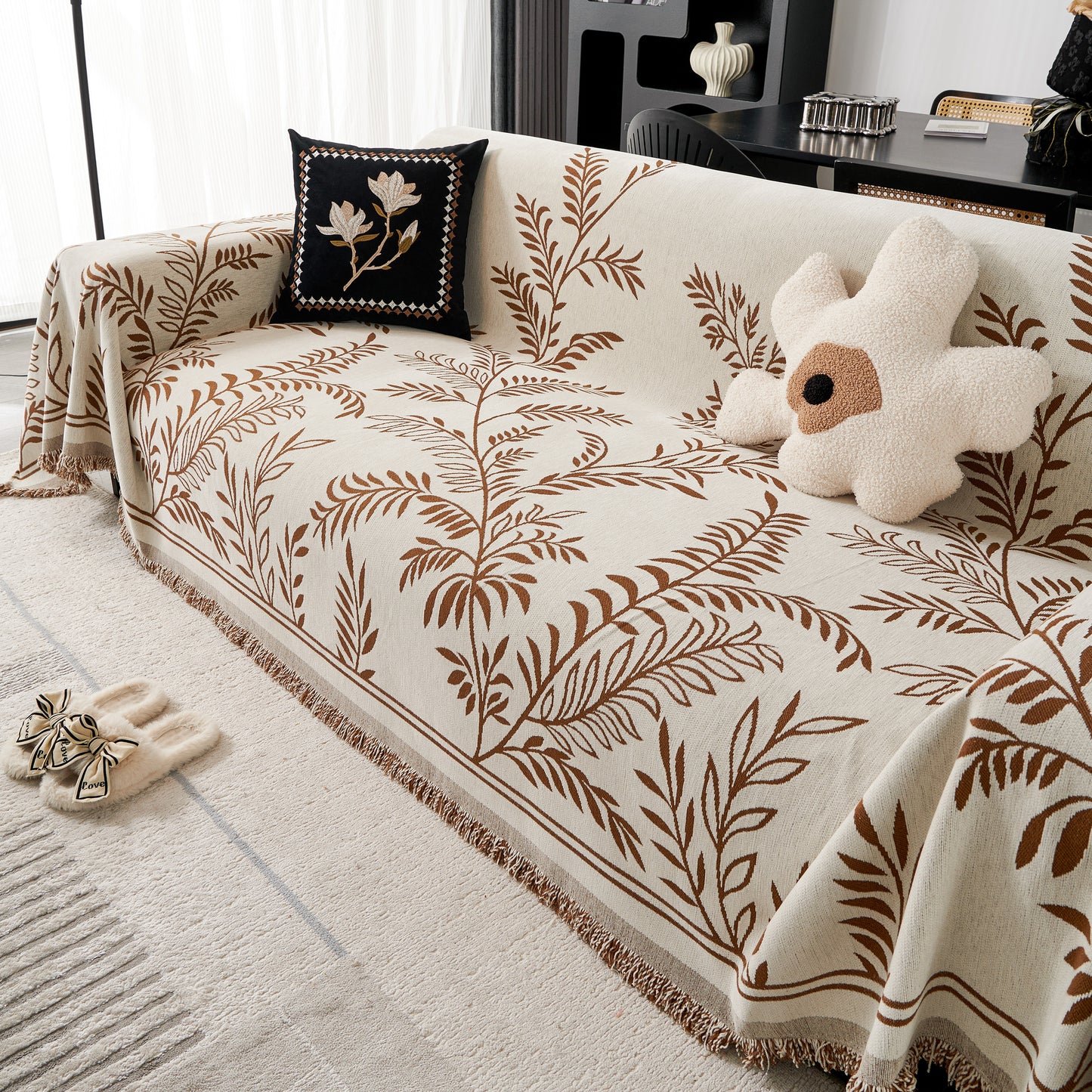 Modern Minimalist Chenille Willow Leaf Pattern Couch Cover Blanket, Luxurious Blankets for The Sofa