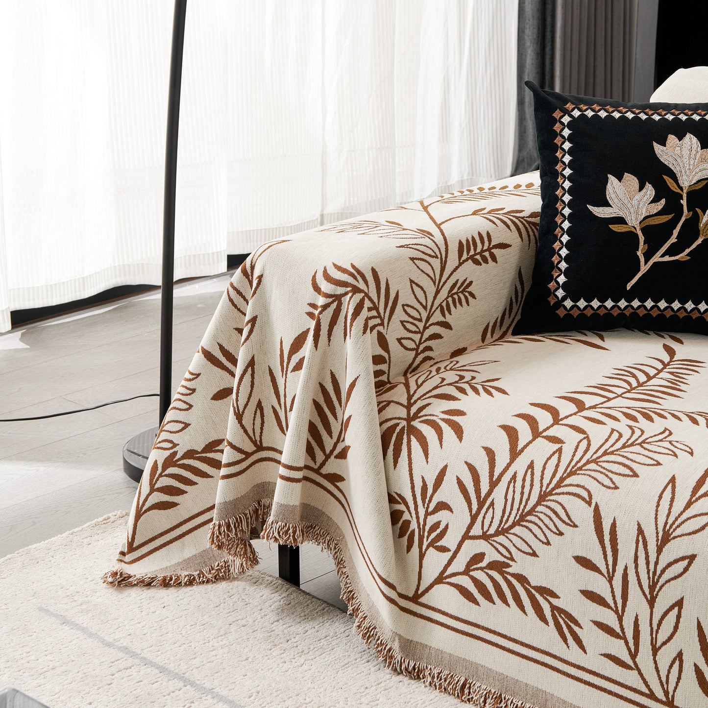 Modern Minimalist Chenille Willow Leaf Pattern Couch Cover Blanket, Luxurious Blankets for The Sofa