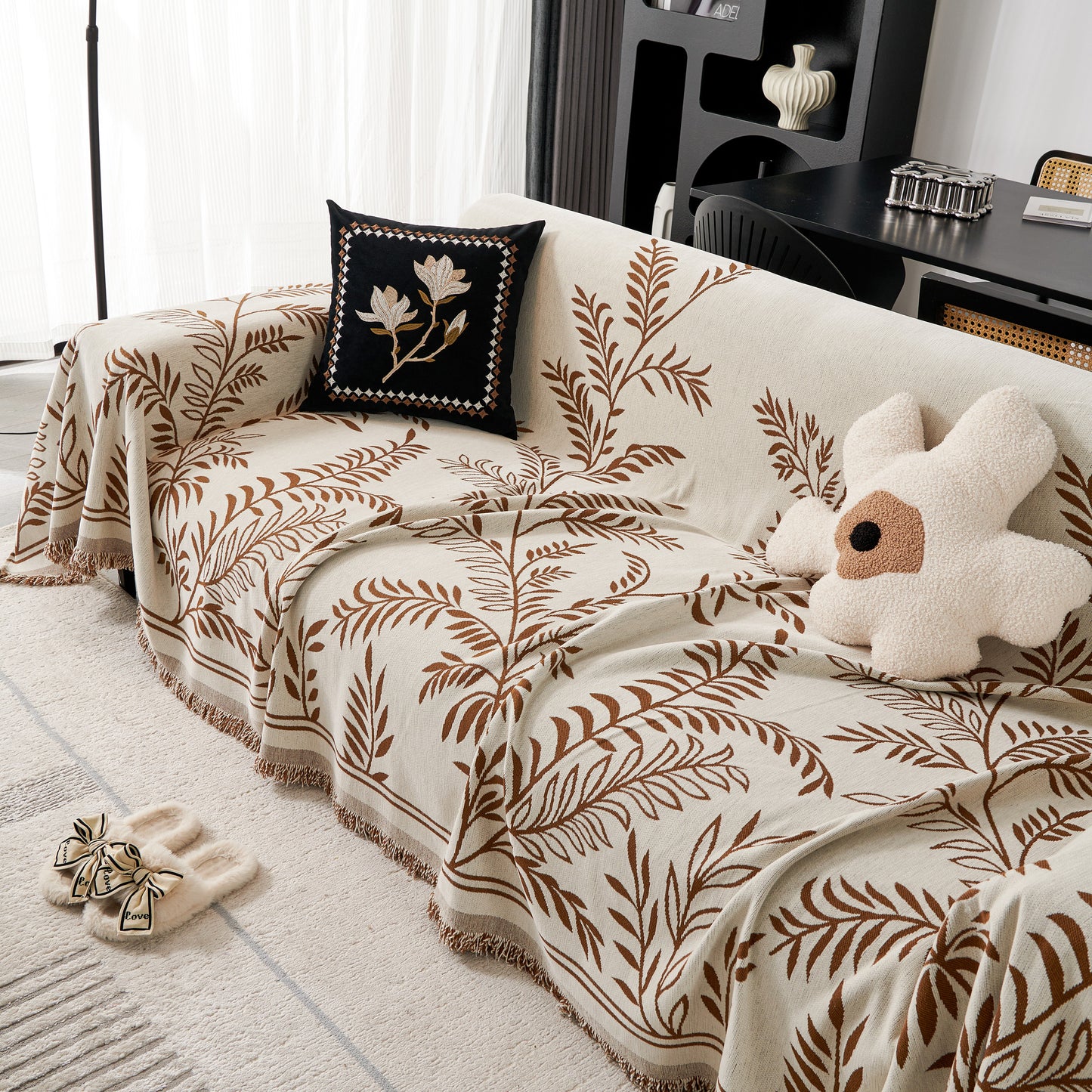 Modern Minimalist Chenille Willow Leaf Pattern Couch Cover Blanket, Luxurious Blankets for The Sofa