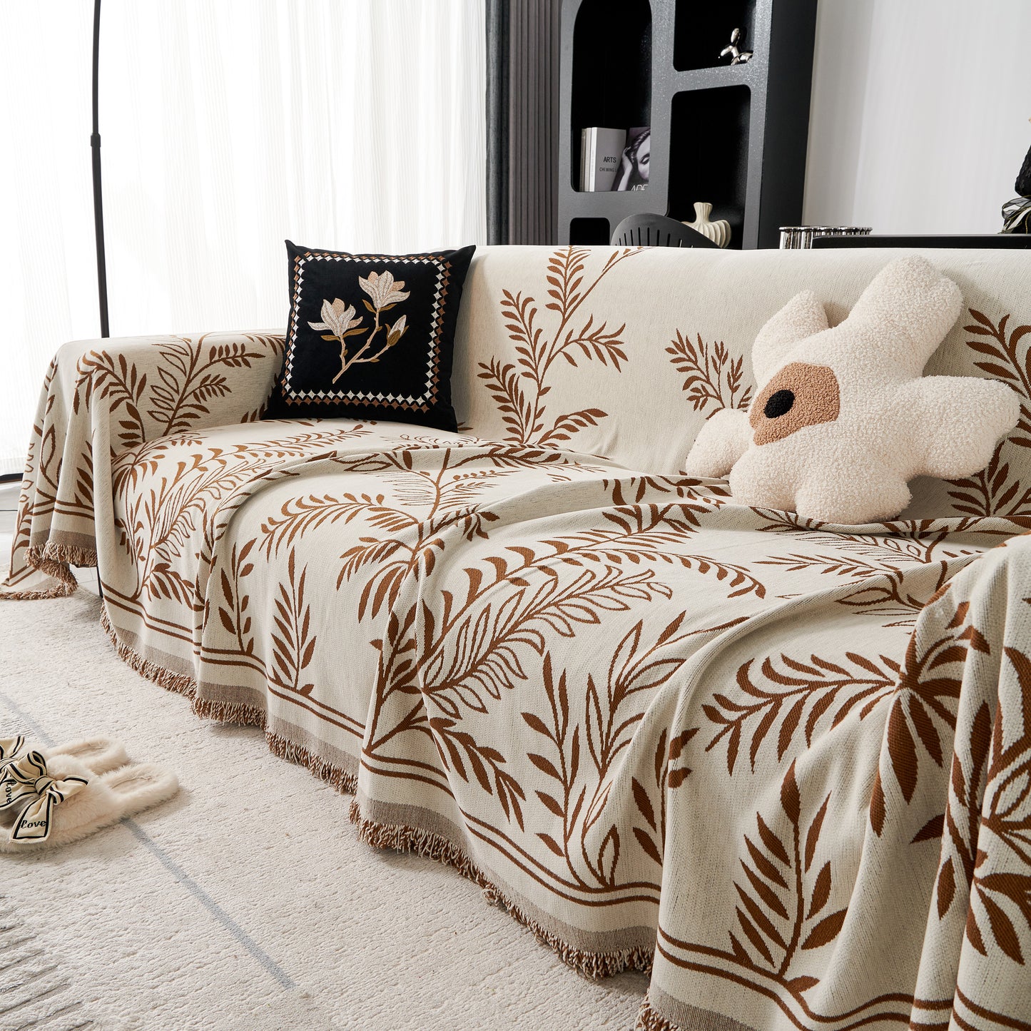 Modern Minimalist Chenille Willow Leaf Pattern Couch Cover Blanket, Luxurious Blankets for The Sofa