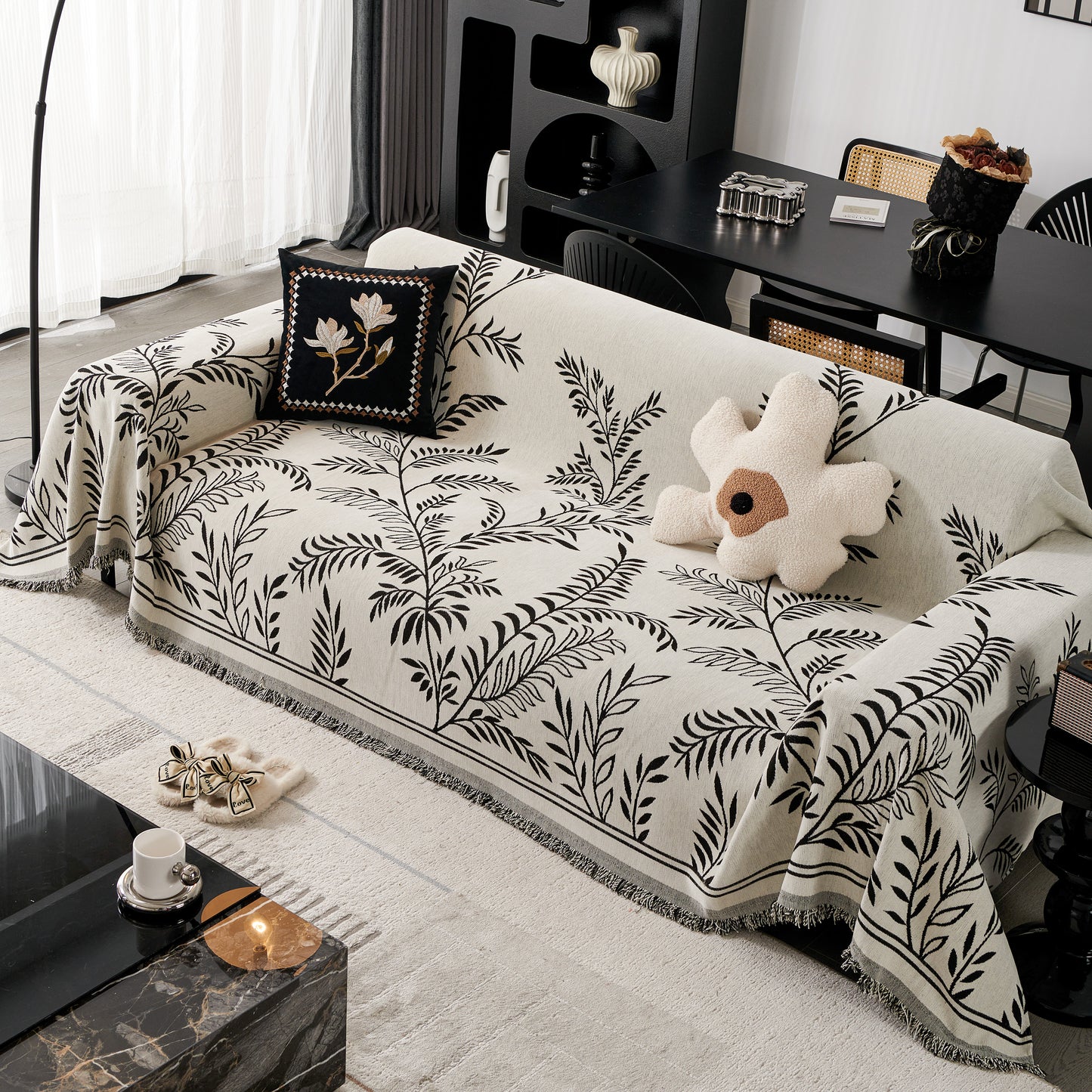 Modern Minimalist Chenille Willow Leaf Pattern Couch Cover Blanket, Luxurious Blankets for The Sofa