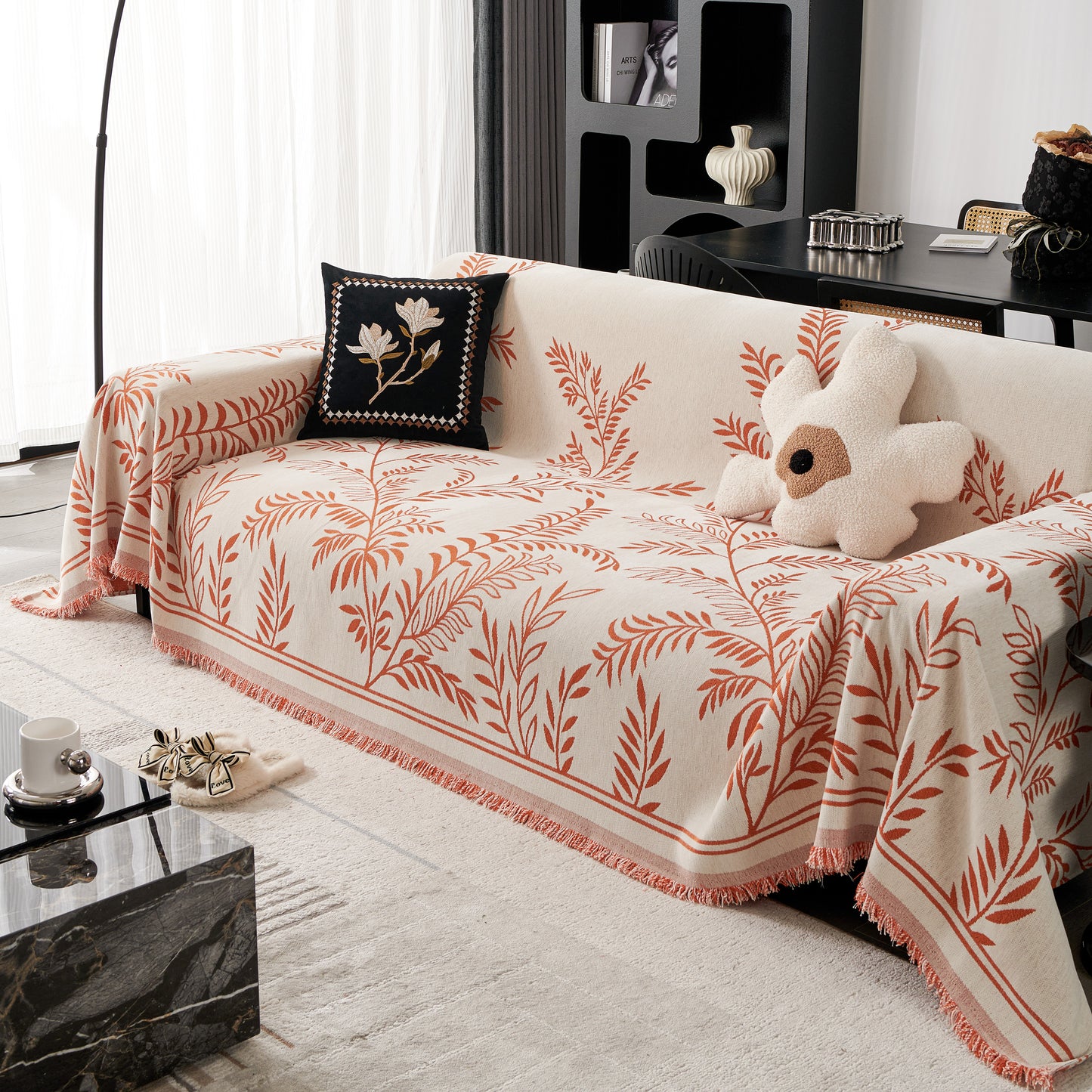 Modern Minimalist Chenille Willow Leaf Pattern Couch Cover Blanket, Luxurious Blankets for The Sofa