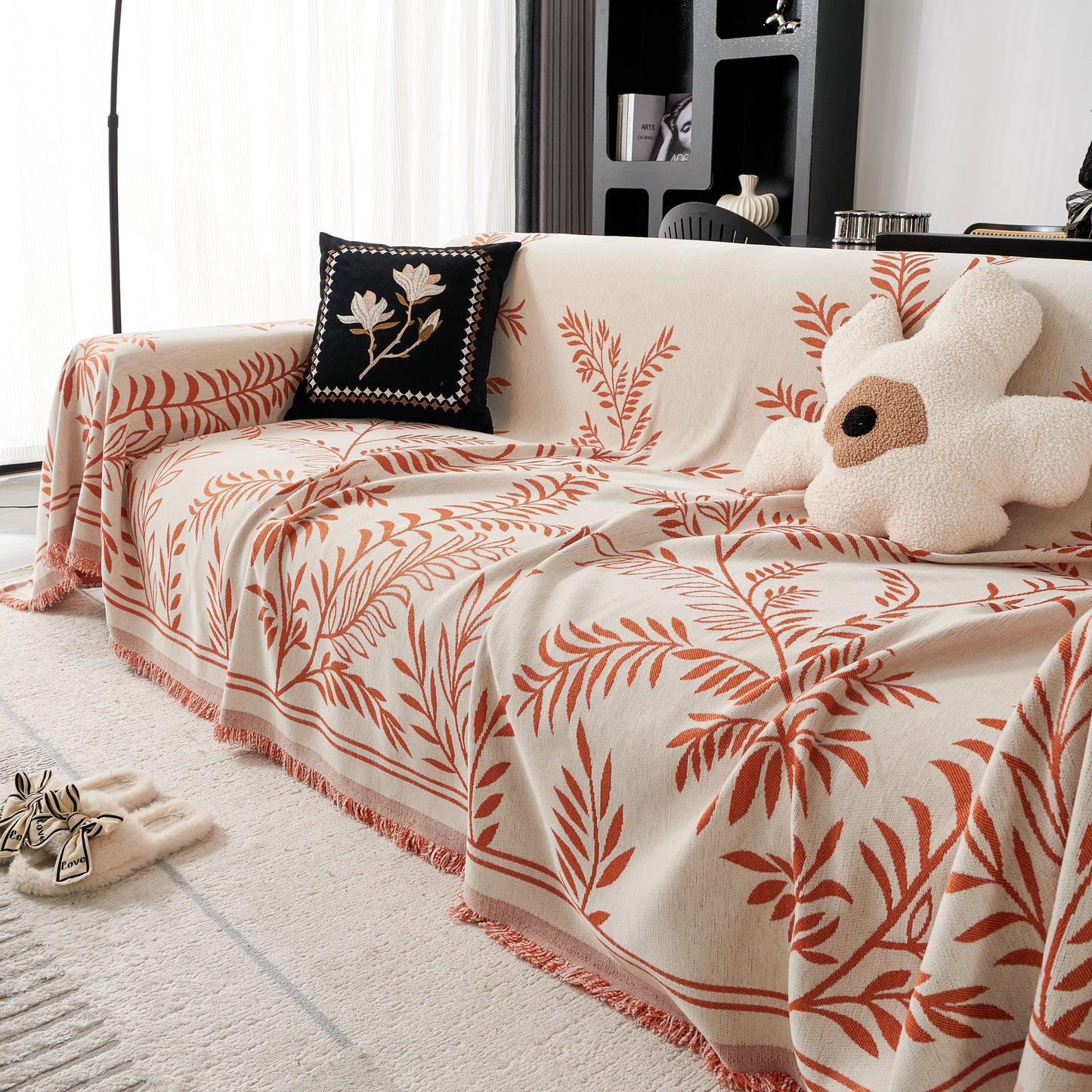 Modern Minimalist Chenille Willow Leaf Pattern Couch Cover Blanket, Luxurious Blankets for The Sofa