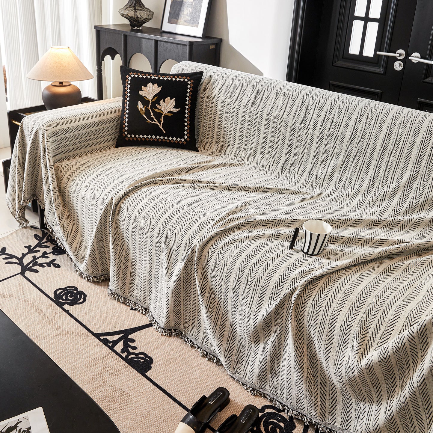 Herringbone Chenille Couch Cover Blanket Soft Durable Throw Sofa Protector with Tassel