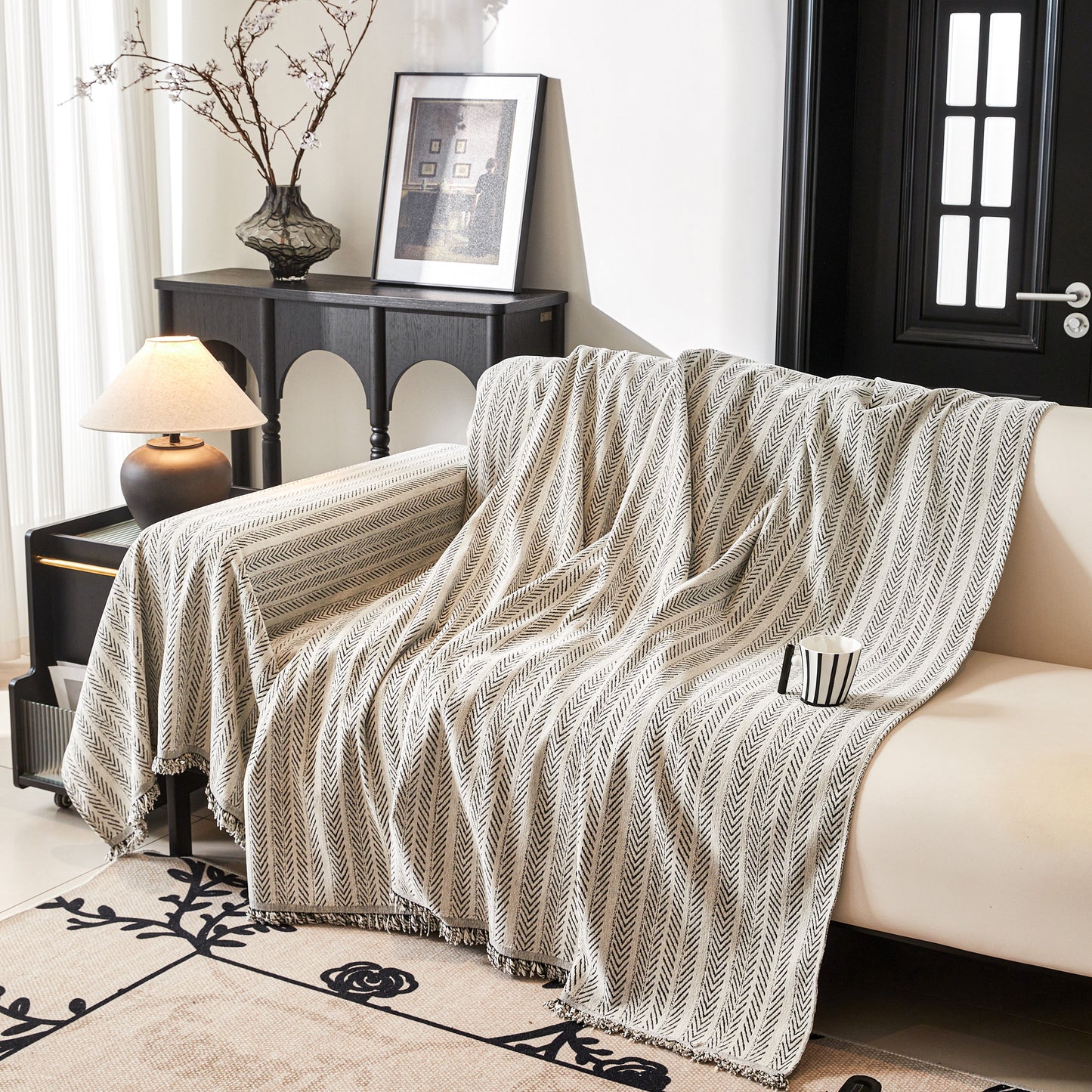 Herringbone Chenille Couch Cover Blanket Soft Durable Throw Sofa Protector with Tassel