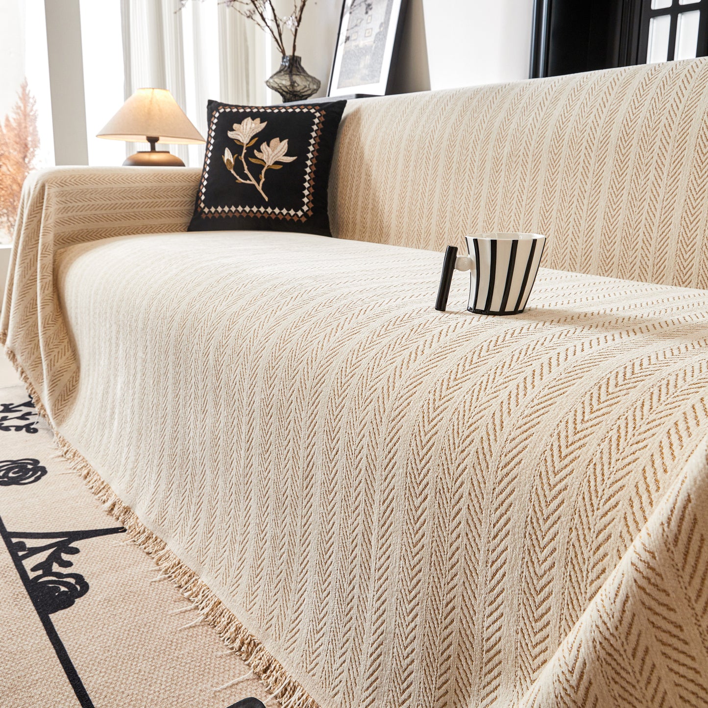 Herringbone Chenille Couch Cover Blanket Soft Durable Throw Sofa Protector with Tassel