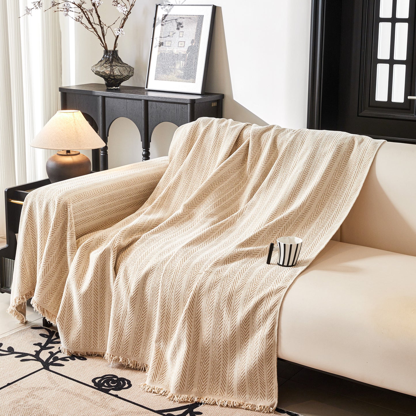 Herringbone Chenille Couch Cover Blanket Soft Durable Throw Sofa Protector with Tassel