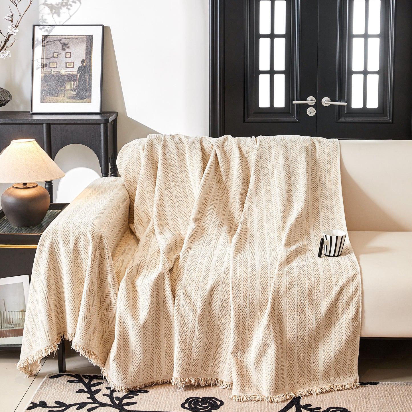 Herringbone Chenille Couch Cover Blanket Soft Durable Throw Sofa Protector with Tassel