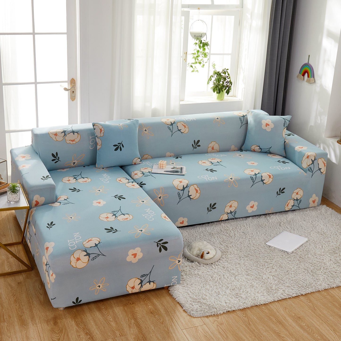 Super Stretch Couch Covers with Elastic Bottom, Non Slip Sofa Cover for Sectional L Shape Sofa, Protects Furniture from Dogs and Kids