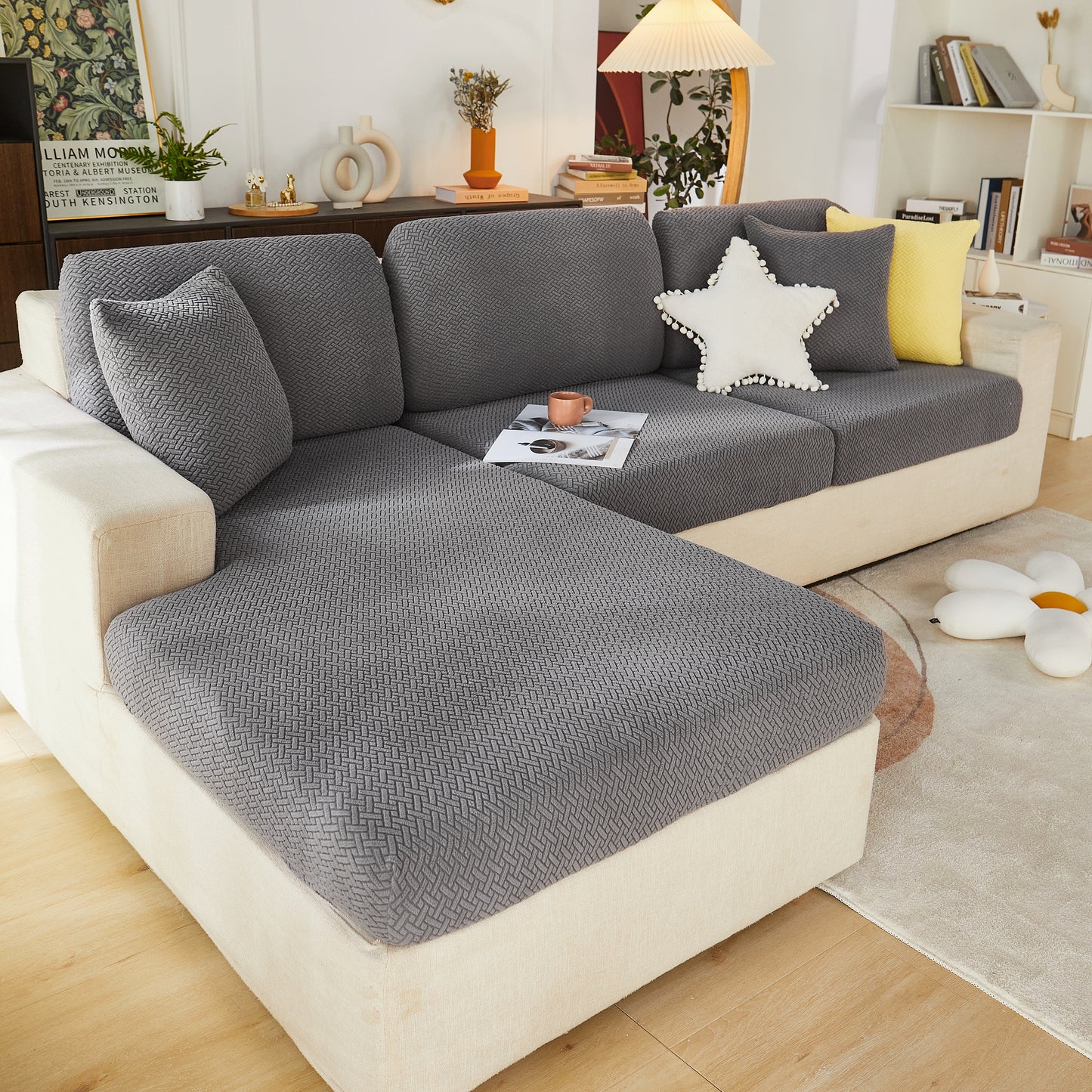 Universal Stretch Sofa Slipcover for L-Shaped Sectional Couch, Chaise, and Separate Cushion Covers