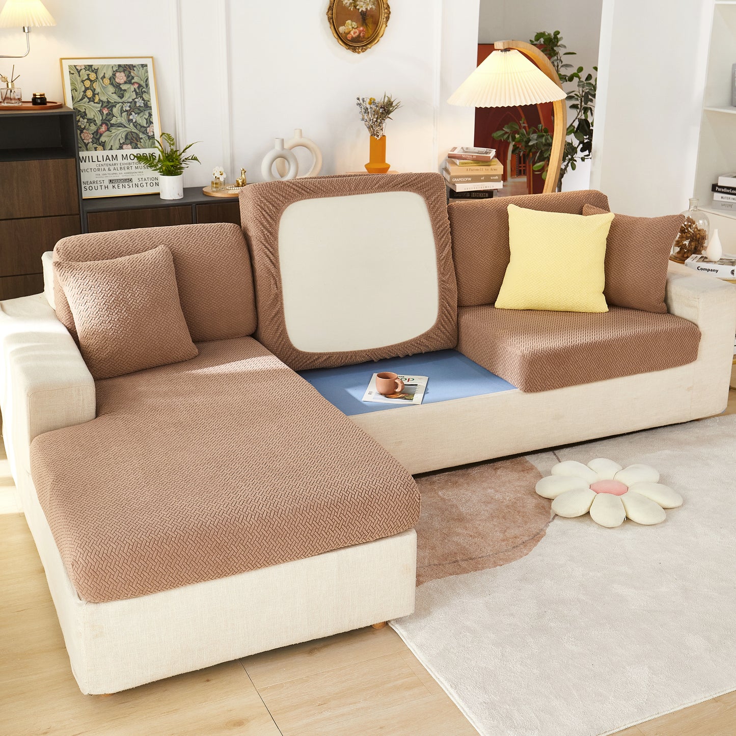 Universal Stretch Sofa Slipcover for L-Shaped Sectional Couch, Chaise, and Separate Cushion Covers