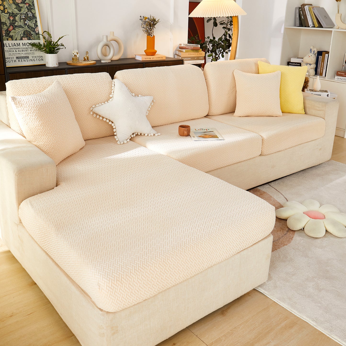 Universal Stretch Sofa Slipcover for L-Shaped Sectional Couch, Chaise, and Separate Cushion Covers