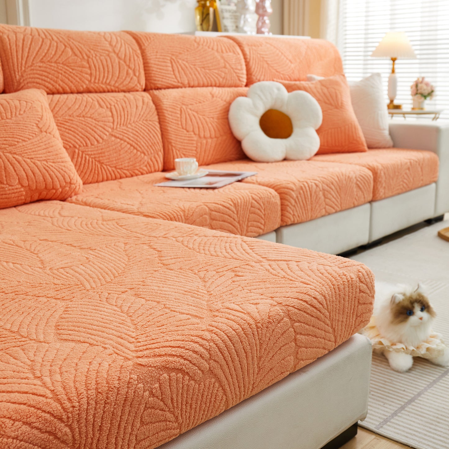 Cozy Plush Coral Fleece Sofa Cushion Slipcovers, Stretch Leaves Cushion Covers, Furniture Slipcovers