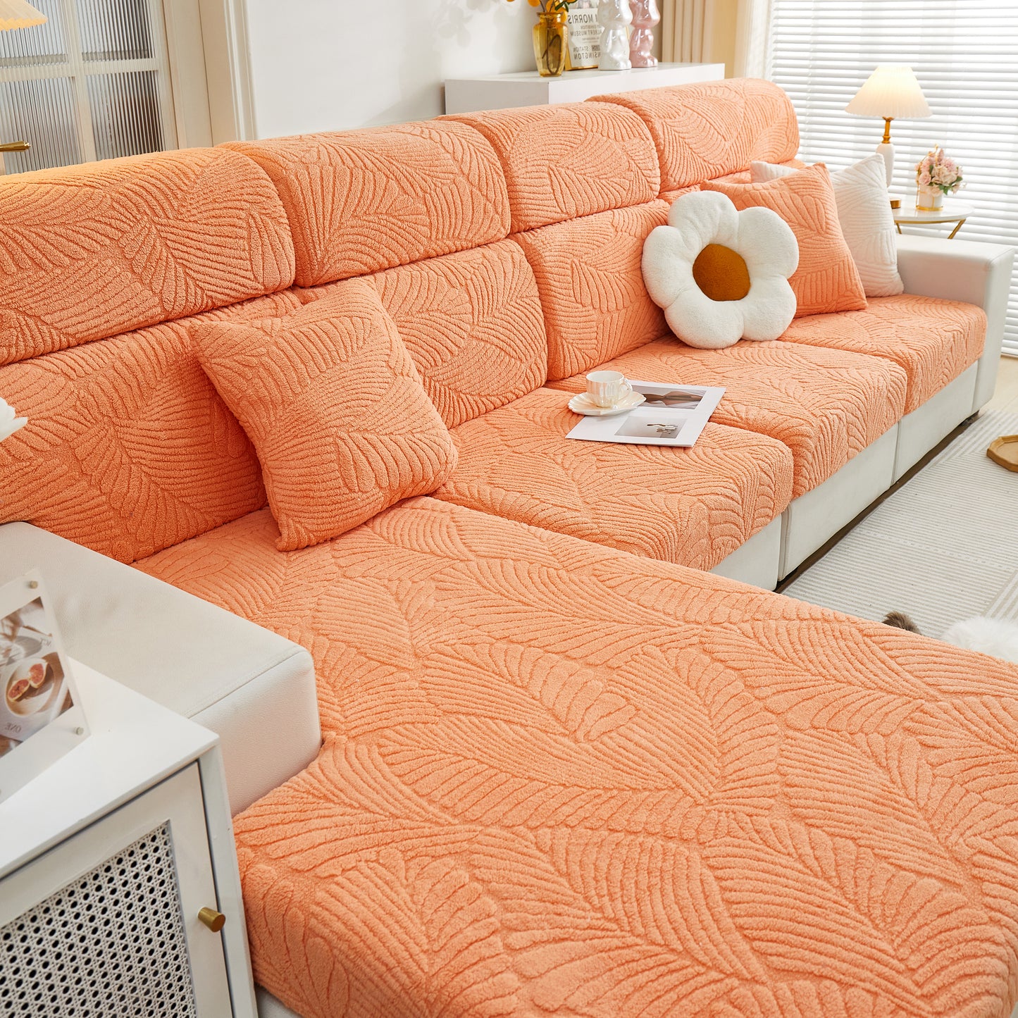 Cozy Plush Coral Fleece Sofa Cushion Slipcovers, Stretch Leaves Cushion Covers, Furniture Slipcovers