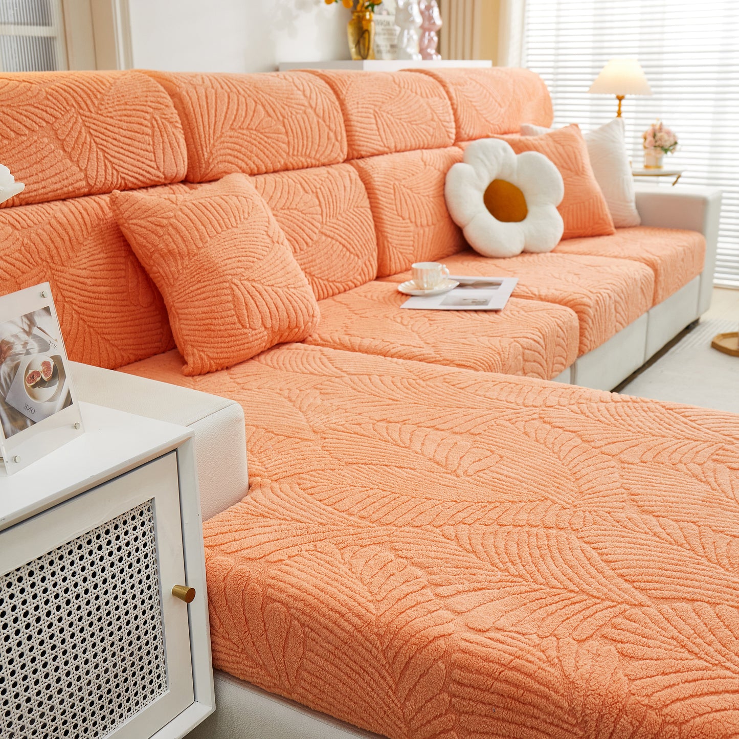 Cozy Plush Coral Fleece Sofa Cushion Slipcovers, Stretch Leaves Cushion Covers, Furniture Slipcovers