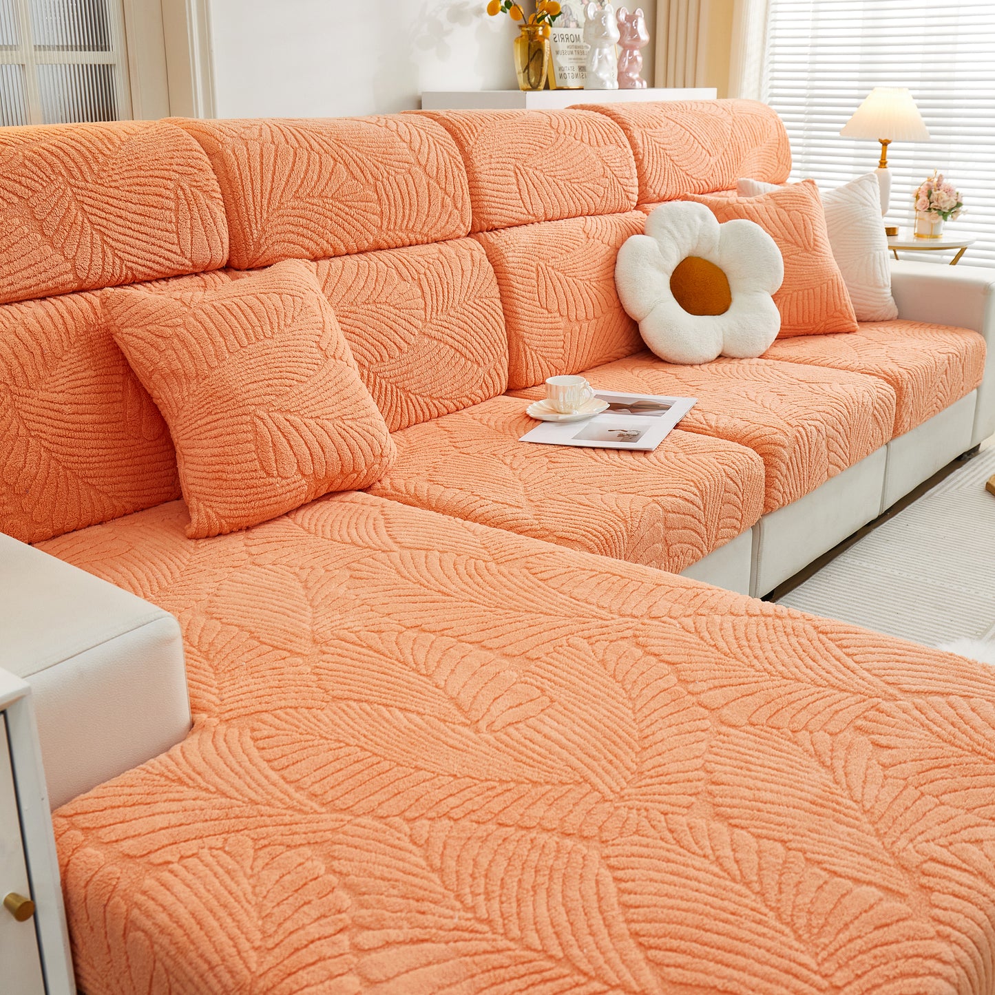 Cozy Plush Coral Fleece Sofa Cushion Slipcovers, Stretch Leaves Cushion Covers, Furniture Slipcovers