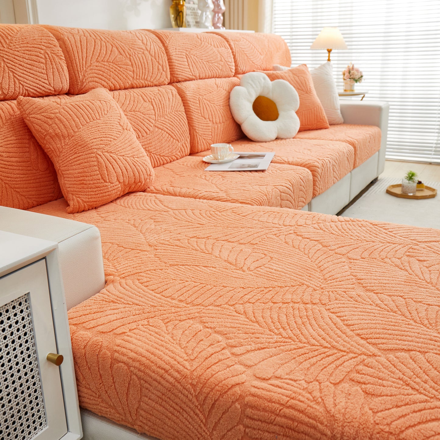 Cozy Plush Coral Fleece Sofa Cushion Slipcovers, Stretch Leaves Cushion Covers, Furniture Slipcovers