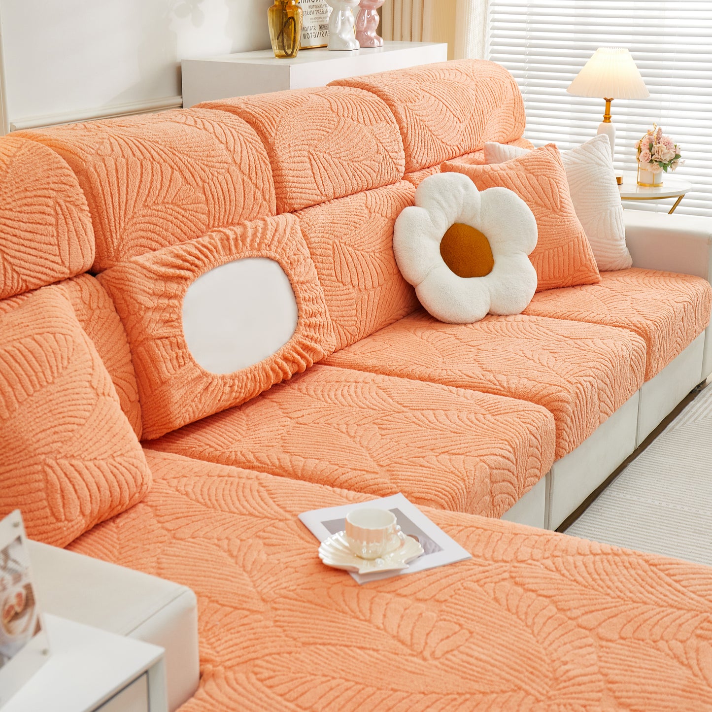 Cozy Plush Coral Fleece Sofa Cushion Slipcovers, Stretch Leaves Cushion Covers, Furniture Slipcovers