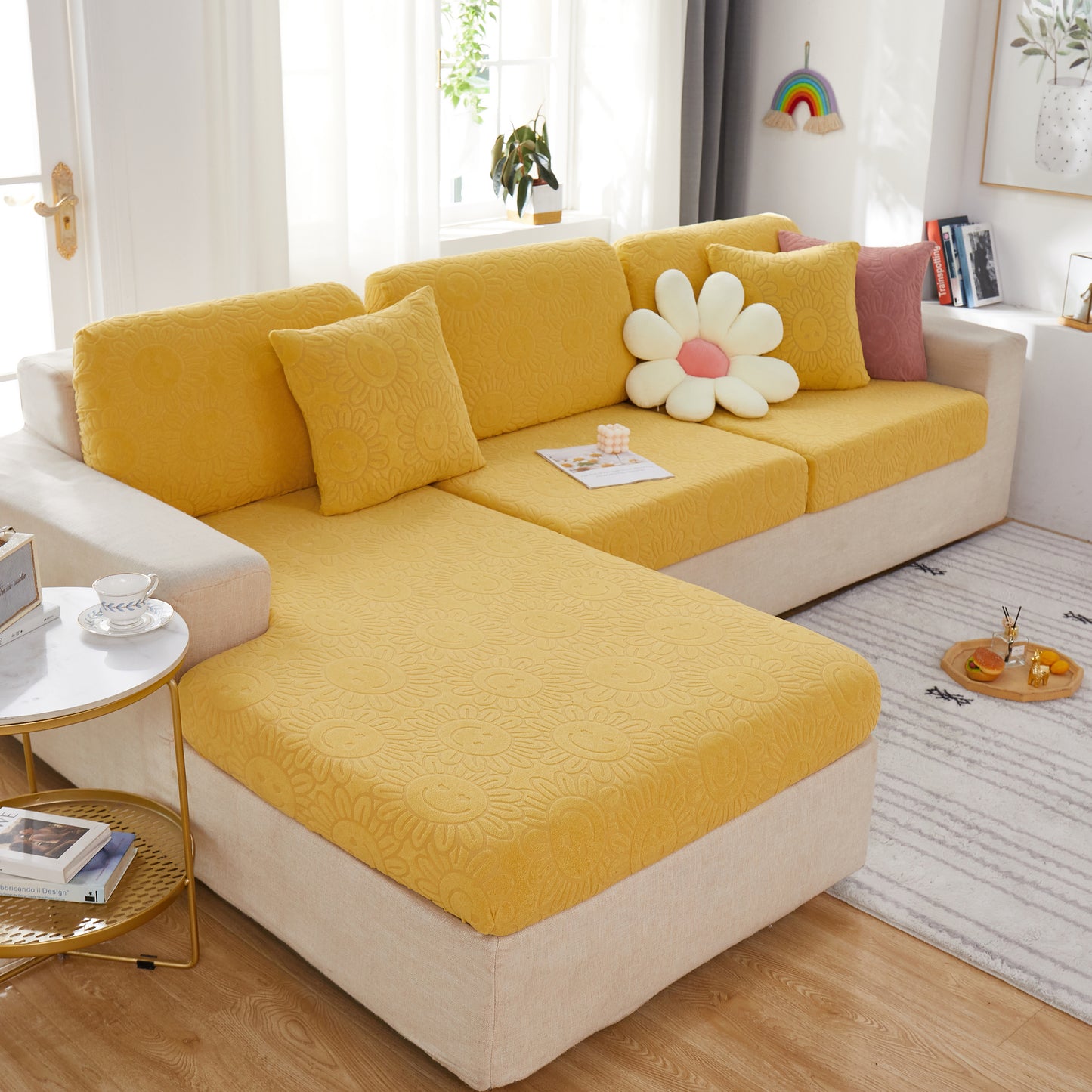 Sunflower Jacquard Fleece Stretchable Cushion Cover, Non-Slip Furniture Covers for Pets, L Shaped Couch Cushion Covers