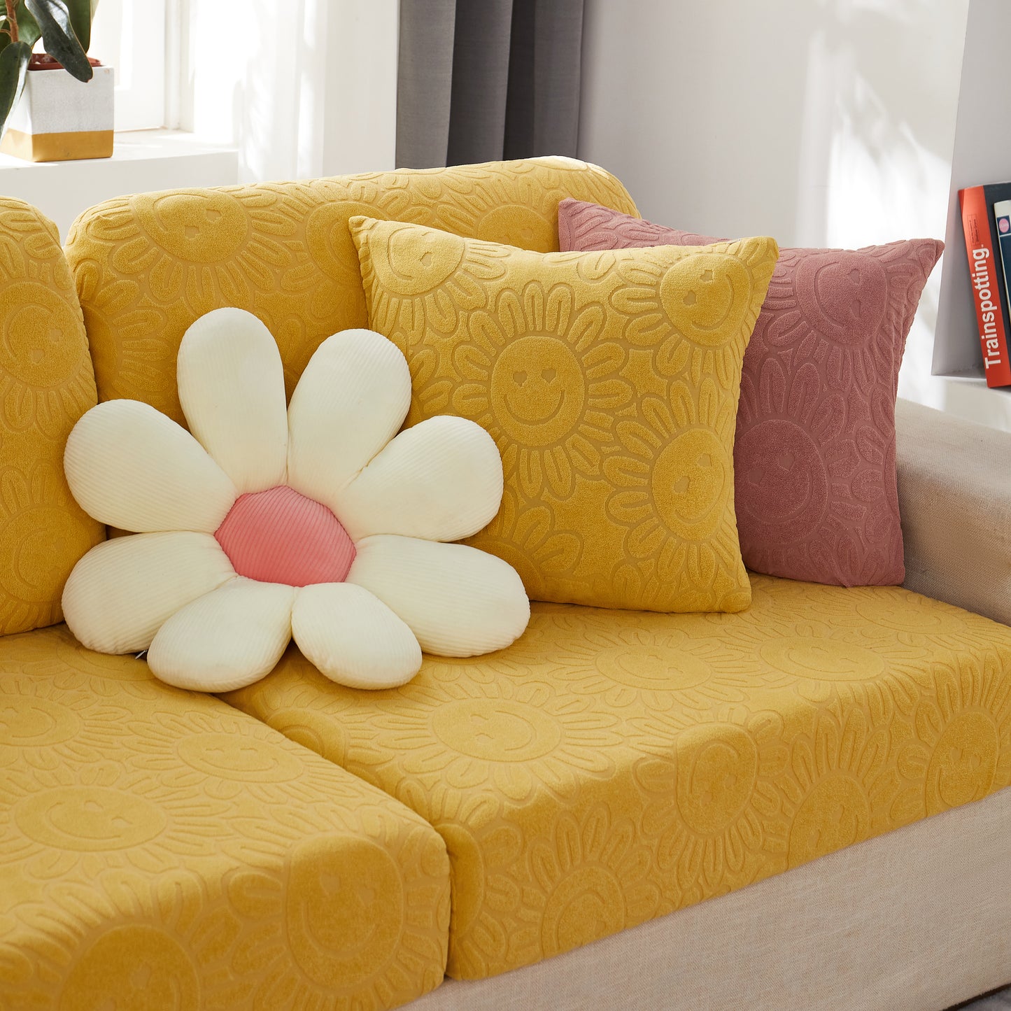 Sunflower Jacquard Fleece Stretchable Cushion Cover, Non-Slip Furniture Covers for Pets, L Shaped Couch Cushion Covers