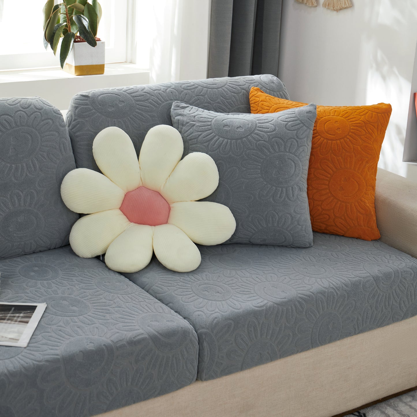 Sunflower Jacquard Fleece Stretchable Cushion Cover, Non-Slip Furniture Covers for Pets, L Shaped Couch Cushion Covers