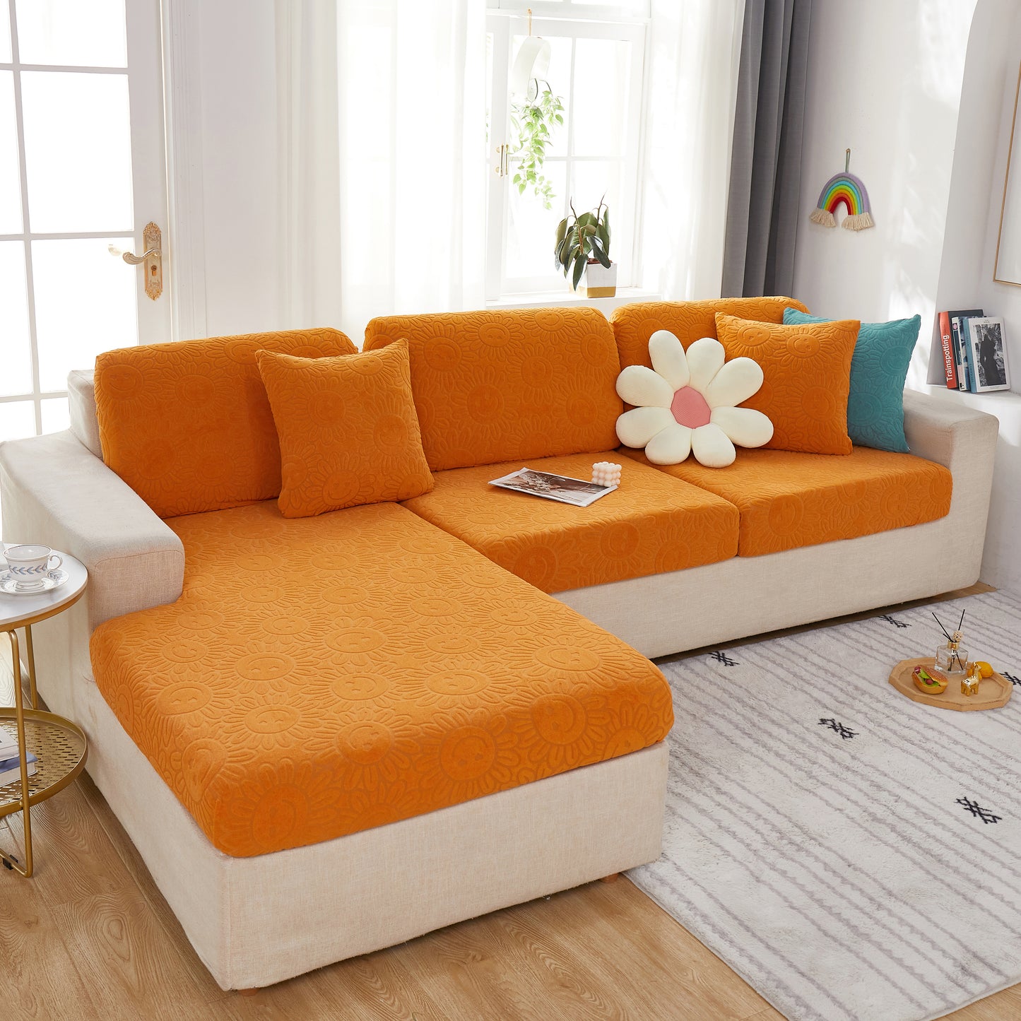 Sunflower Jacquard Fleece Stretchable Cushion Cover, Non-Slip Furniture Covers for Pets, L Shaped Couch Cushion Covers