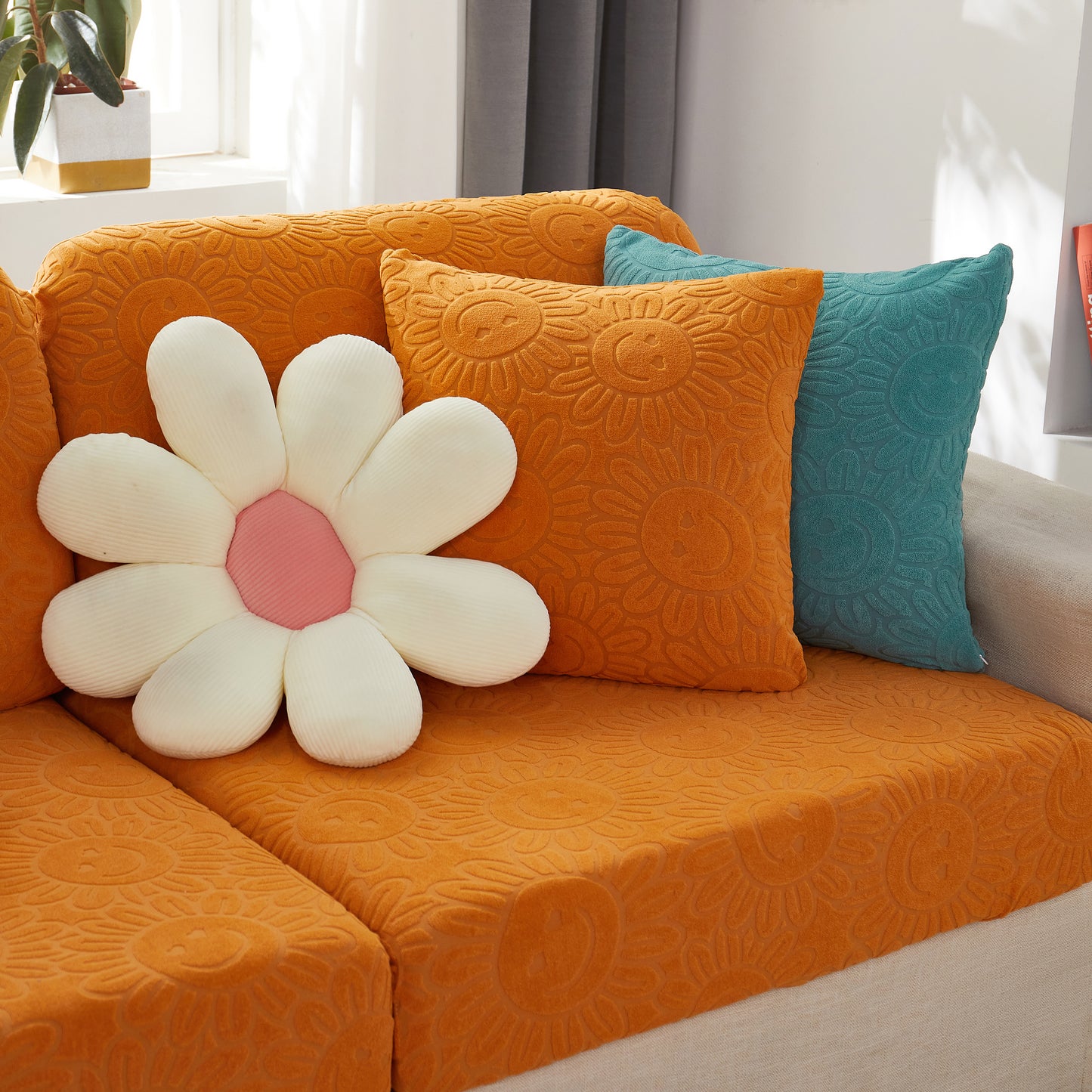 Sunflower Jacquard Fleece Stretchable Cushion Cover, Non-Slip Furniture Covers for Pets, L Shaped Couch Cushion Covers