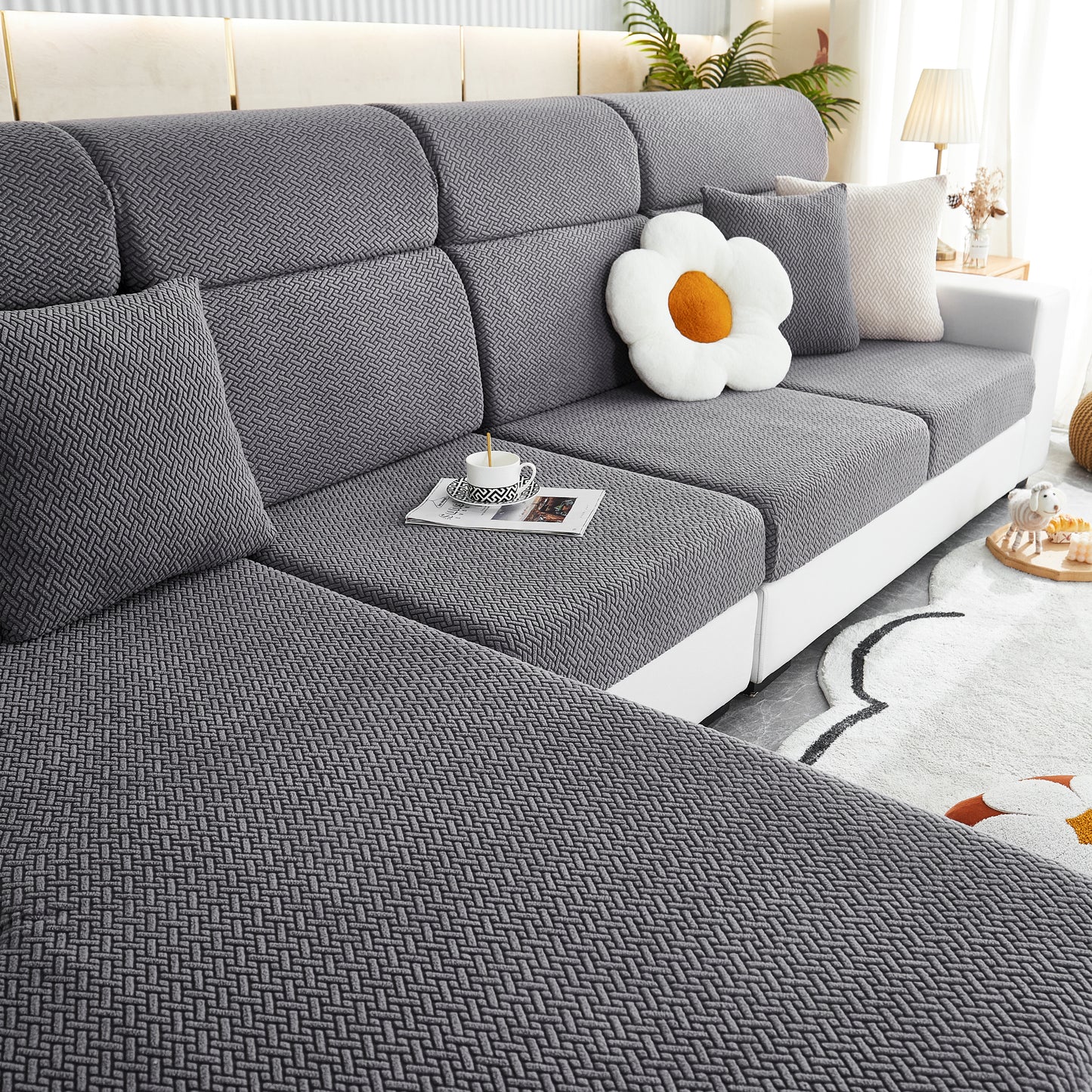 Universal Stretch Sofa Slipcover for L-Shaped Sectional Couch, Chaise, and Separate Cushion Covers