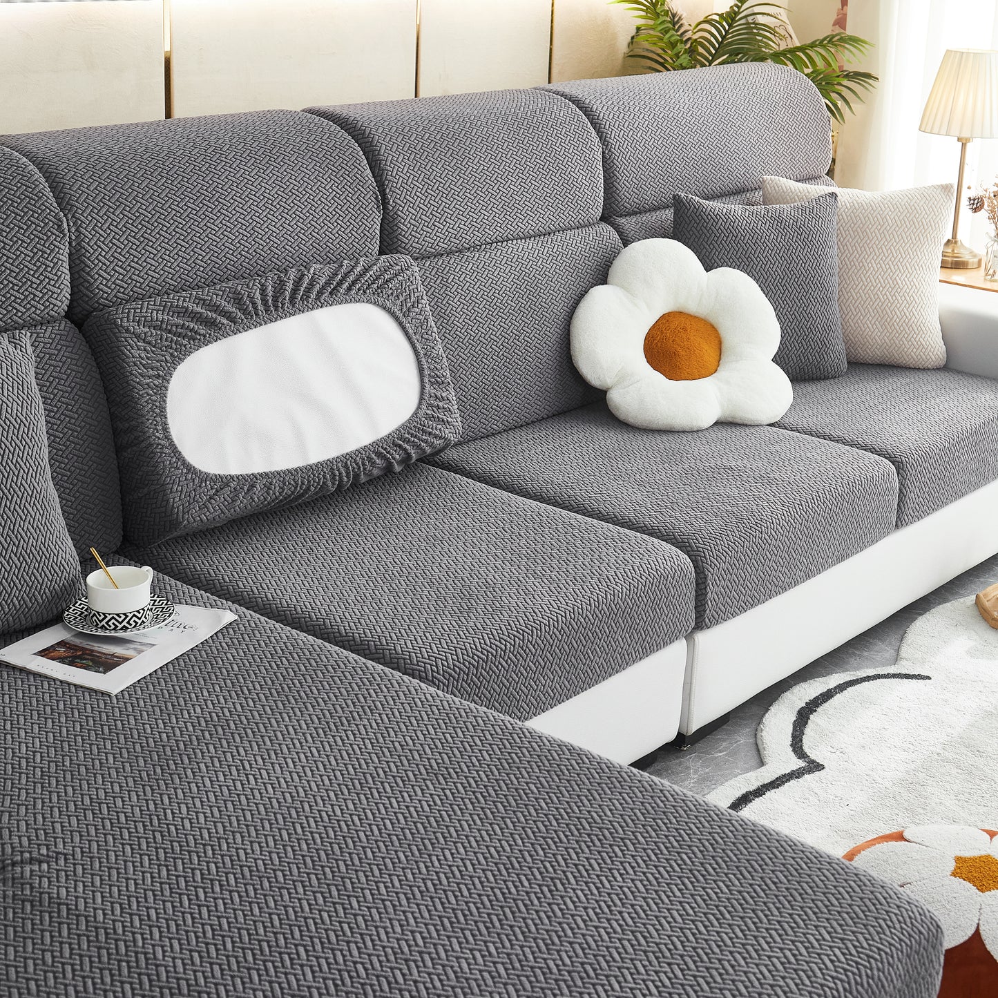 Universal Stretch Sofa Slipcover for L-Shaped Sectional Couch, Chaise, and Separate Cushion Covers