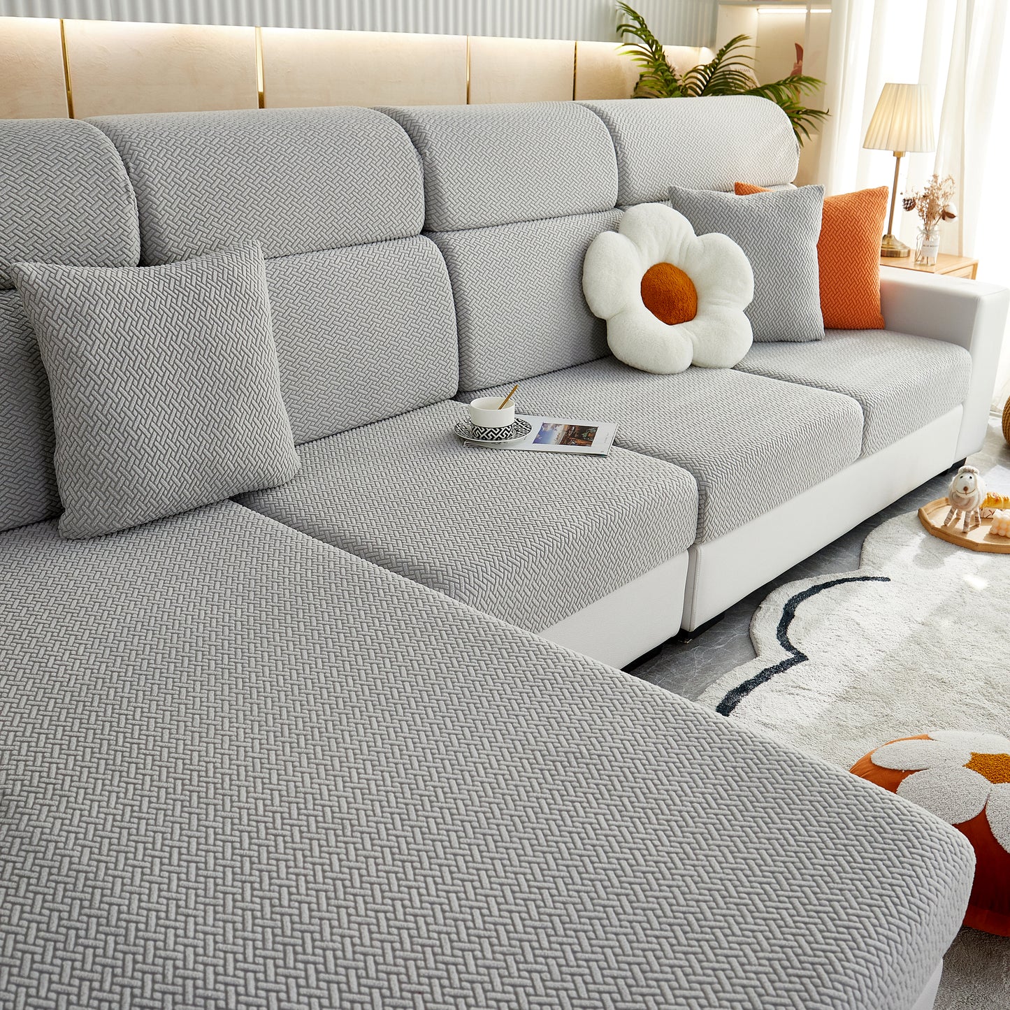 Universal Stretch Sofa Slipcover for L-Shaped Sectional Couch, Chaise, and Separate Cushion Covers