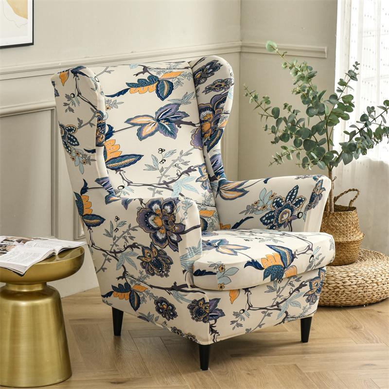 KAS Stretch Spandex Nordic Floral Printed Wing Chair Cover With